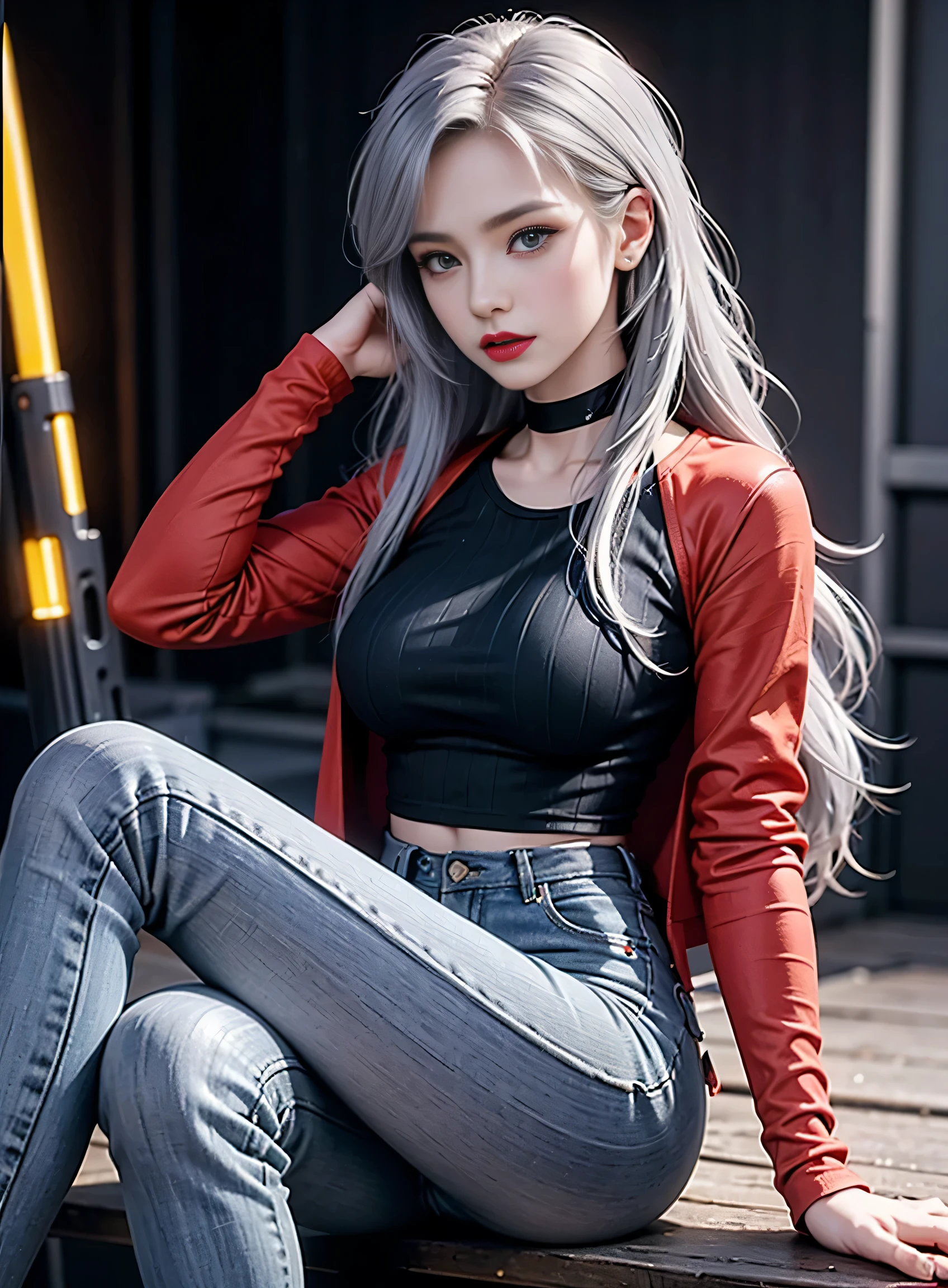 sfw, (Sci-fi fantasy), (Masterpiece), (professional oil painting) (best quality), (8k resolution), (1 beautiful girl), ((pale gray skin)), (iron gray skin), small head, ((jeans clothes)),(red jacket)), ((black t-shirt underneath), ((red lipstick)), ((black sneakers)), (comcept art), , (long hair), (messy hair), (white hair), (iron gray hair), ((with futuristic weapon)), (ammunition), ((moonlight of the night)), (sitting thinking)), wearing bra,((skinny waist)), young asian girl, ((big breasted)),