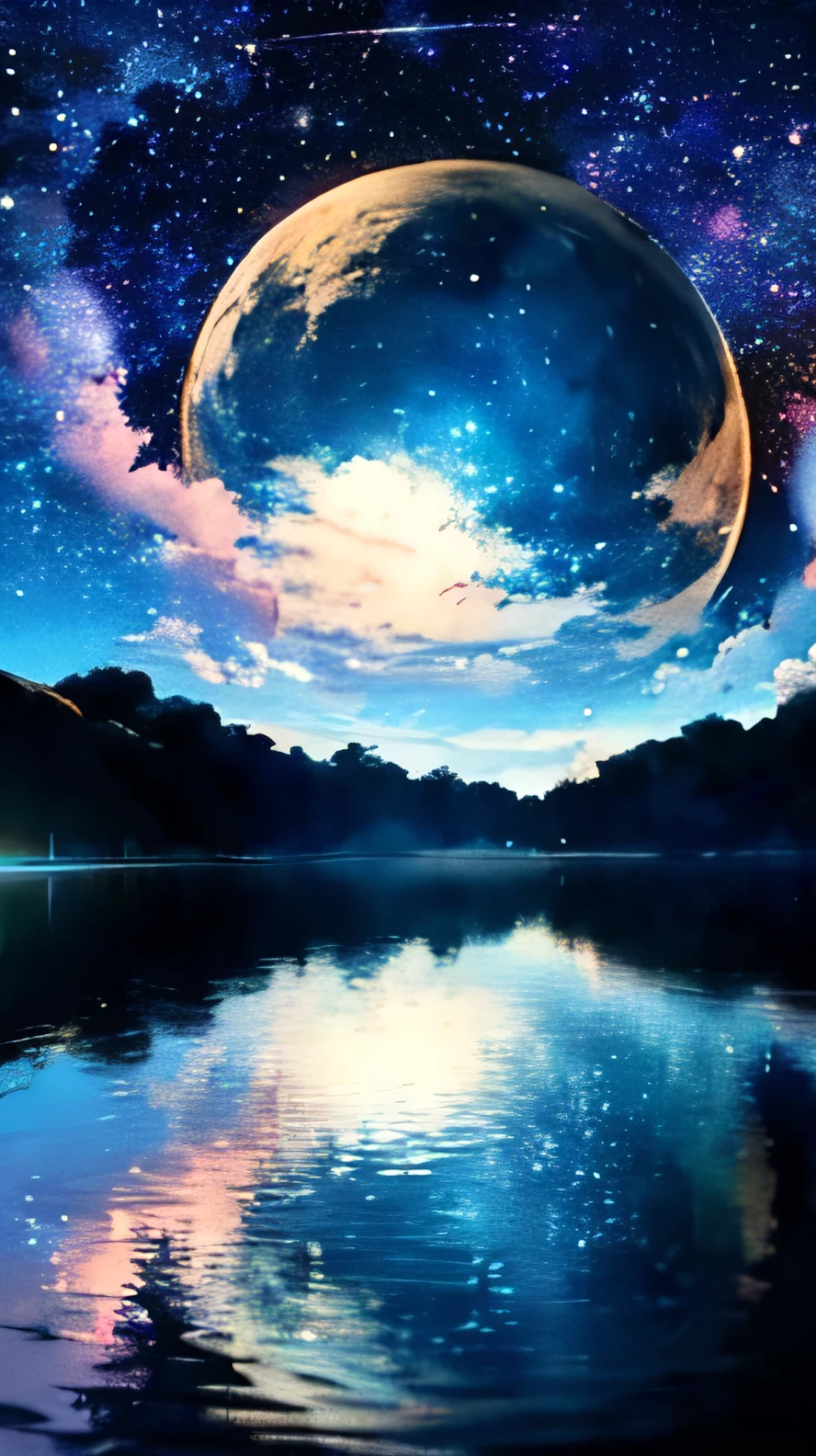 masterpiece, masterpiece, Super detailed, meteor, comet, moon, starry sky, lake reflection, a dream-like scene, Colorful Trees々々, anime CG, Exquisite images,