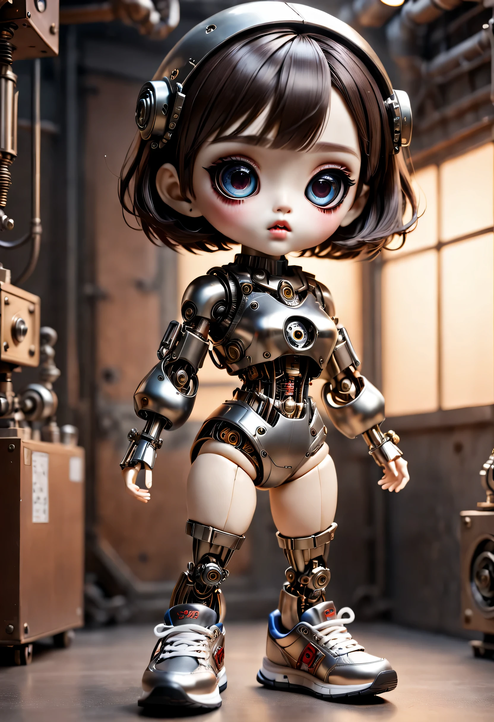 （best quality，4k，masterpiece：1.2），super detailed，lifelike：1.37，儿童书桌上的2个LovelyMechanical dolls，emotional communication，有趣的action，decoration，Possess human emotions and intelligence，Mechanical dolls，big eyes，dark eye makeup，mute，Lovely，Mechanical joint，short hair，whole body，action，posture，sports shoes，fashion clothing，Metal skin decoration，Clean，Warm，Warm，blurred background