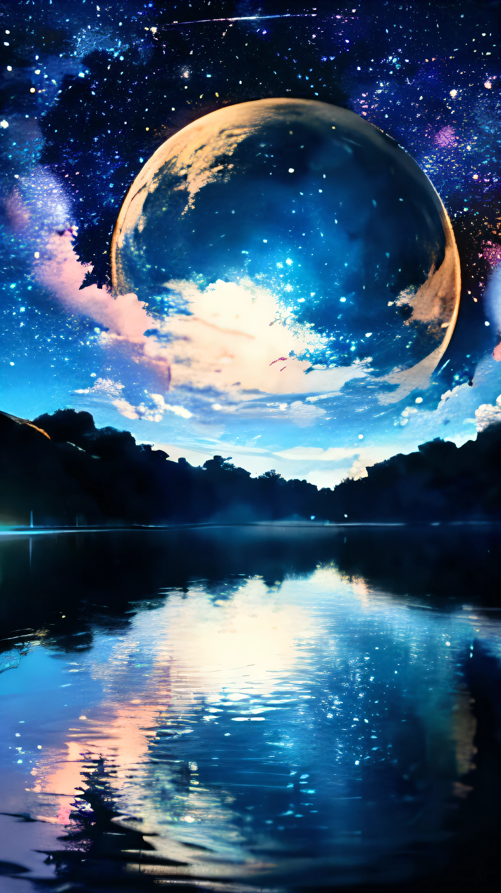 masterpiece, masterpiece, Super detailed, meteor, comet, moon, starry sky, lake reflection, a dream-like scene, Colorful Trees々々々々, anime CG, Exquisite images,