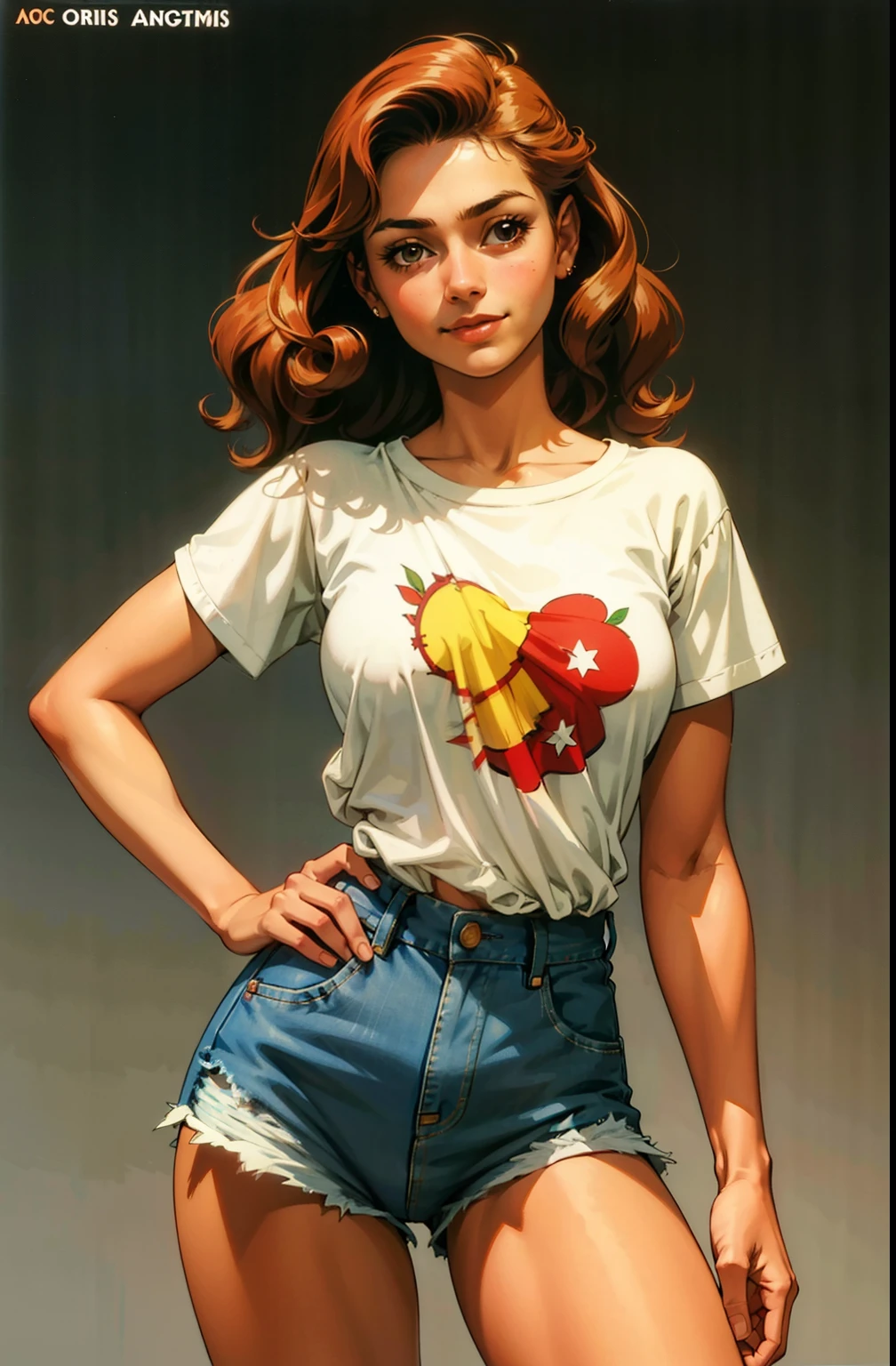 one tiny delicate girl, vintage, stand up, happy, sexy, long hair covers her breasts, maquiagem, covering her breasts, Lips are soft or colored, curly hair, red loose t-shirt, loose shirt, shorts, jeans,high-waisted shorts, fundo simples, sexy, vintage 90's fashion, stand up, 90's, 90's dress, perfect hands, good anatomy, postura ereta, provocante, smille facial expression, simple lighting and texture, begie background, ,empowered,