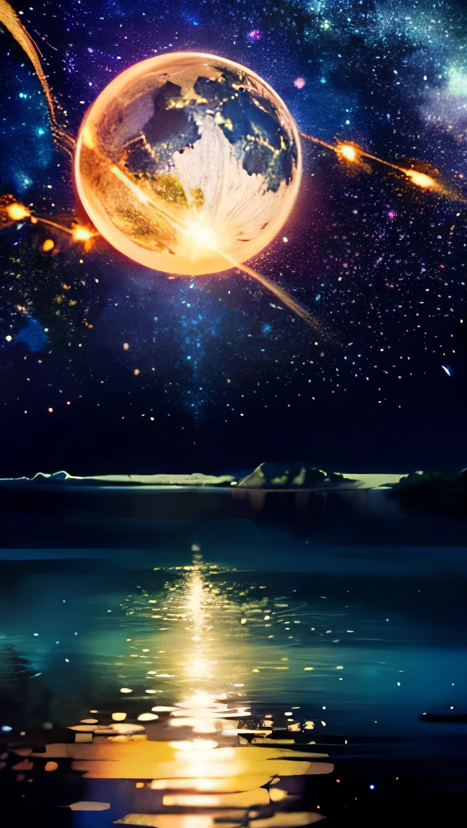 masterpiece, masterpiece, Super detailed, meteor, comet, moon, starry sky, lake reflection, a dream-like scene, Colorful Trees々々, anime CG, Exquisite images,Mysterious