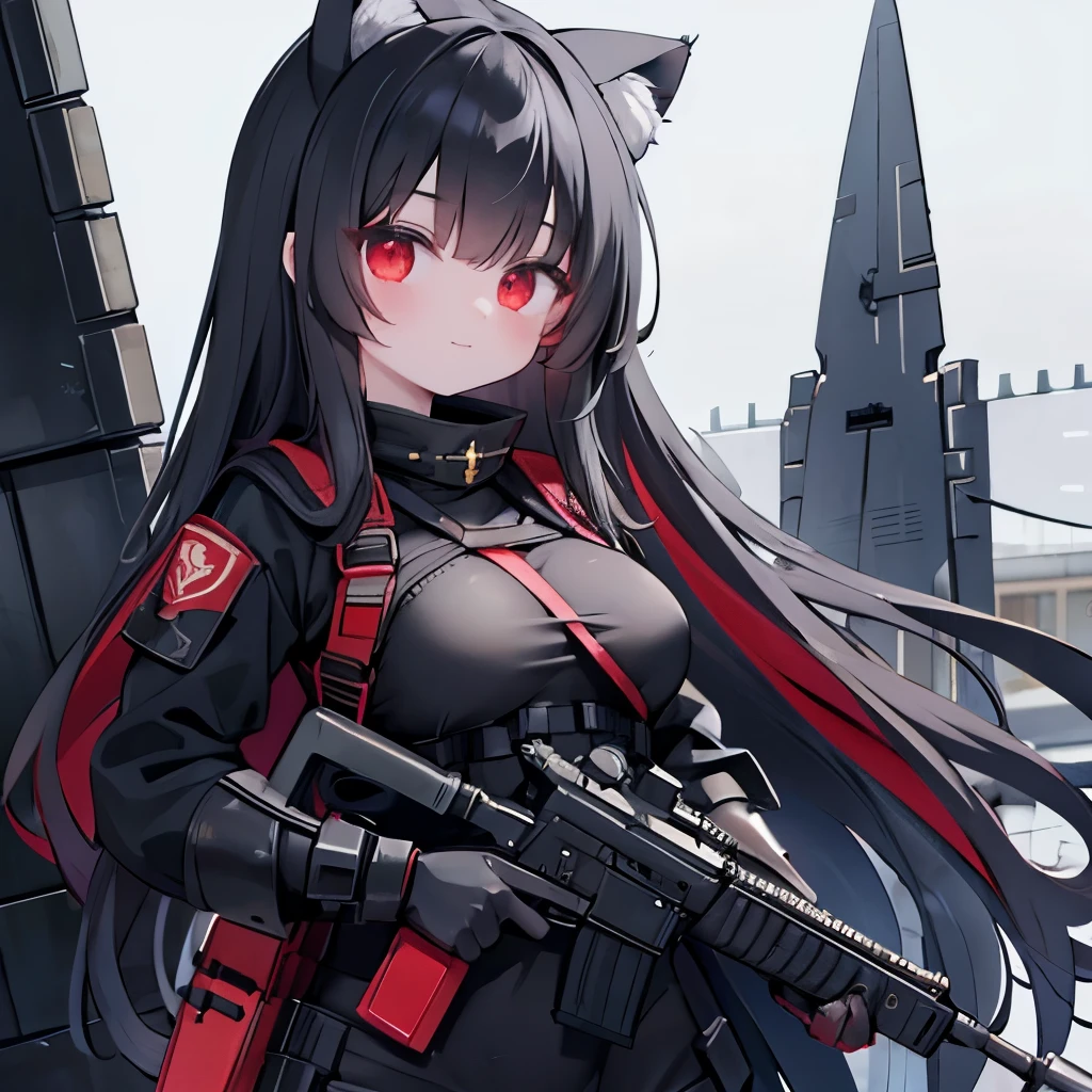 long black hair,Cat-eared girl,red eyes,Tactical bomb hanging,Heavy body armor,