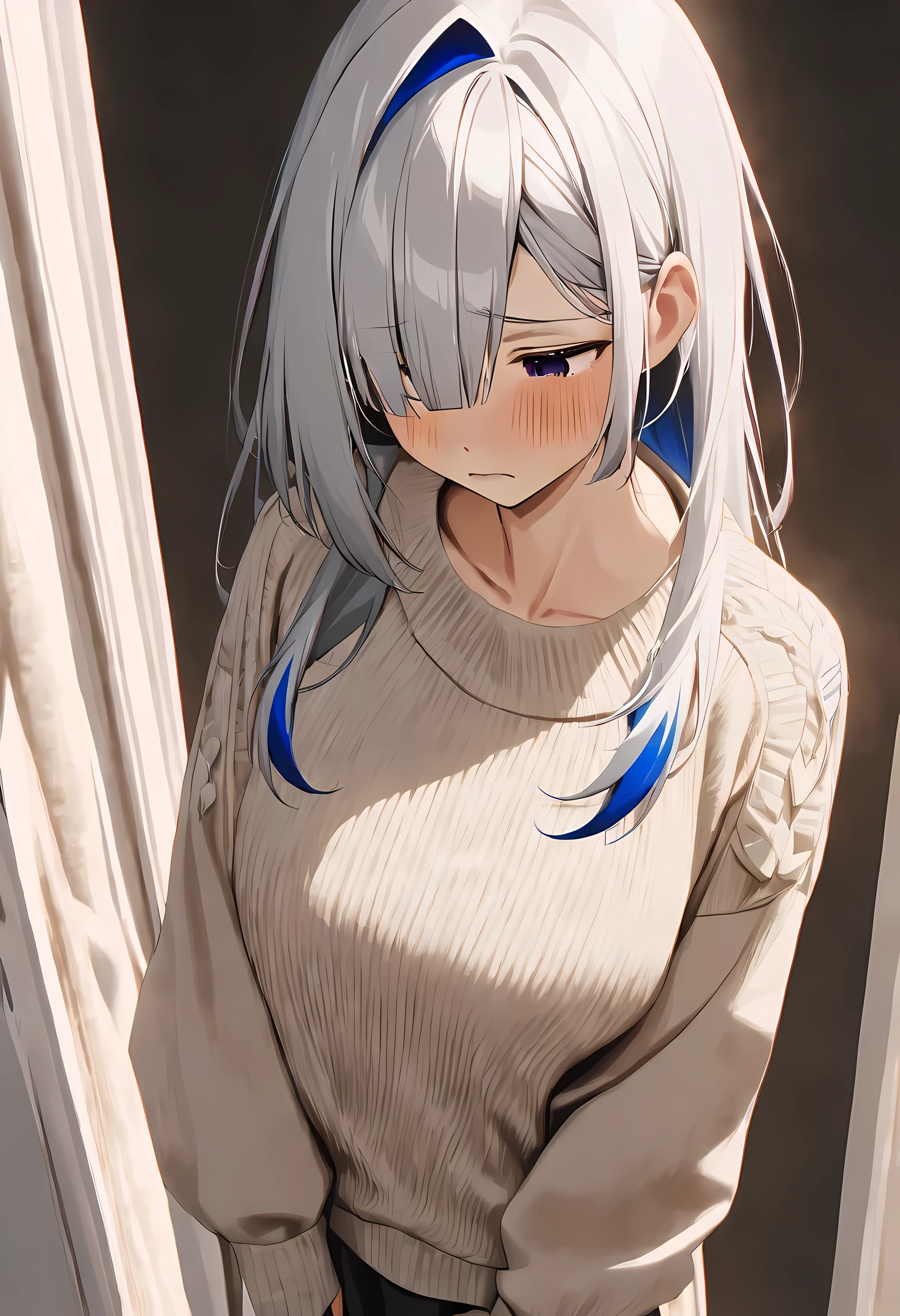 Ganado/(Holographic live broadcast/), (very beautiful, best quality, Super detailed), intricate details,
1 girl, silver hair, silver eyes, sharp jawline, sweater, long hair, hair covering one eye, big breasts, Shy,