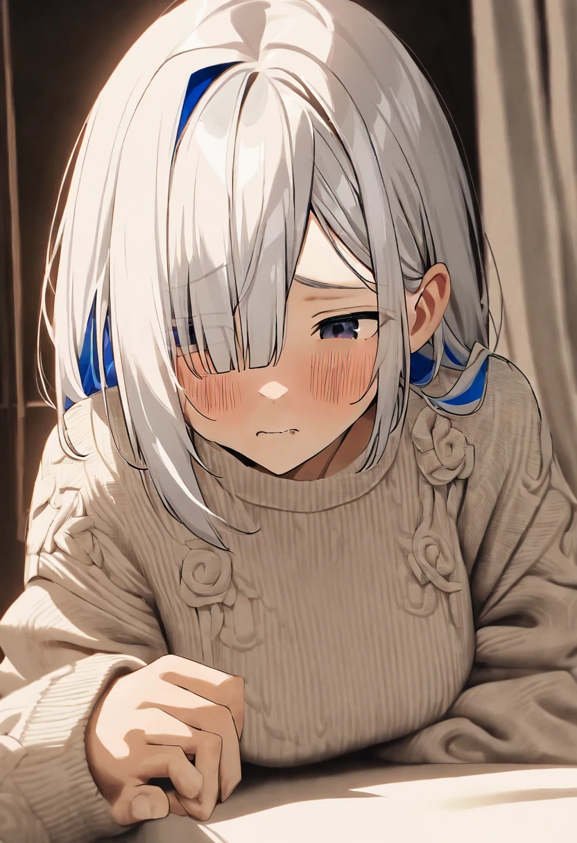 Ganado/(Holographic live broadcast/),  (very beautiful, best quality, Super detailed), intricate details,
1 girl, silver hair, silver eyes, sharp jawline, sweater, long hair, hair covering one eye, big breasts, Shy,