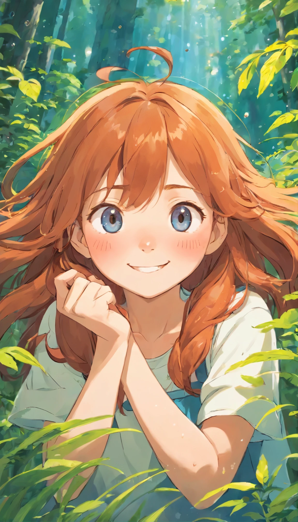 Super ultra happy cute , with freckles and ginger hair, holding her cheeks