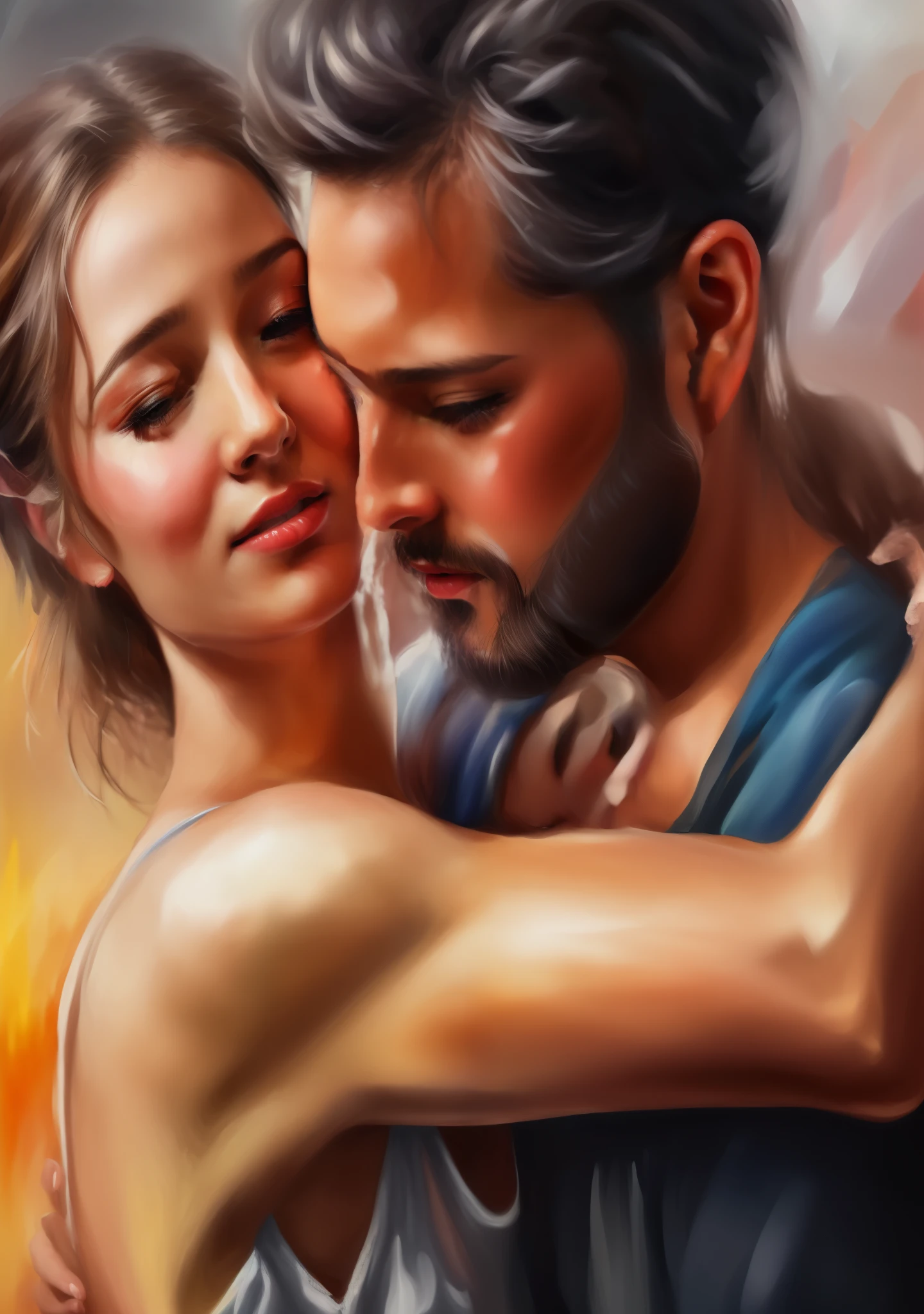 a painting of a man and woman hugging each other, emotional oil painting, digital art oil painting, close scene, oil digital painting, airbrush digital oil painting, detailed painting 4 k, digital painting style, super realistic painting style, oil painting 4 k, oil painting 4k, digital oil painting, covered in oil painting, stunning digital painting, detailed 4 k oil painting