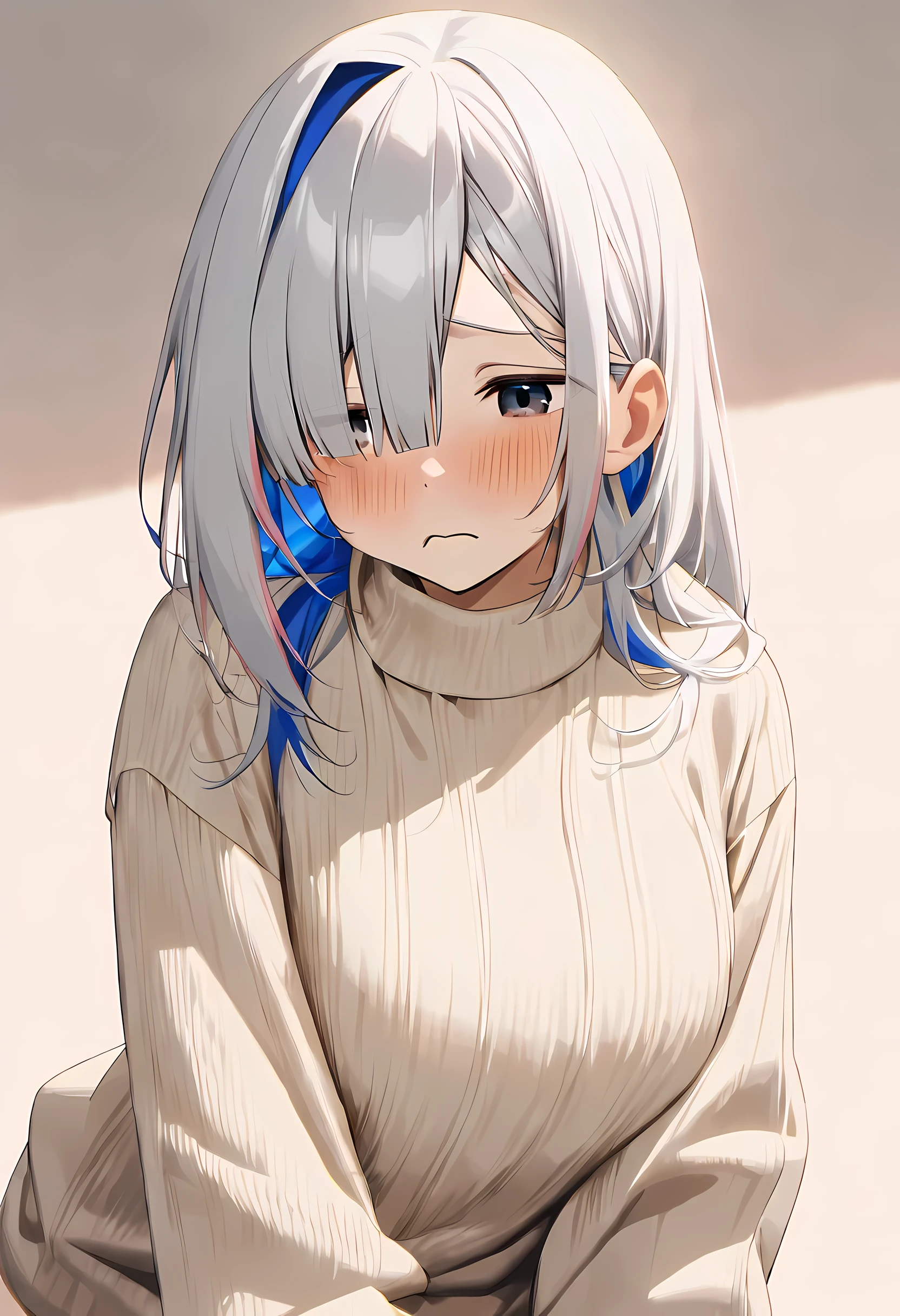 Ganado/(Holographic live broadcast/), (very beautiful, best quality, Super detailed), intricate details,
1 girl, silver hair, silver eyes, sharp jawline, sweater, long hair, hair covering one eye, big breasts, Shy,