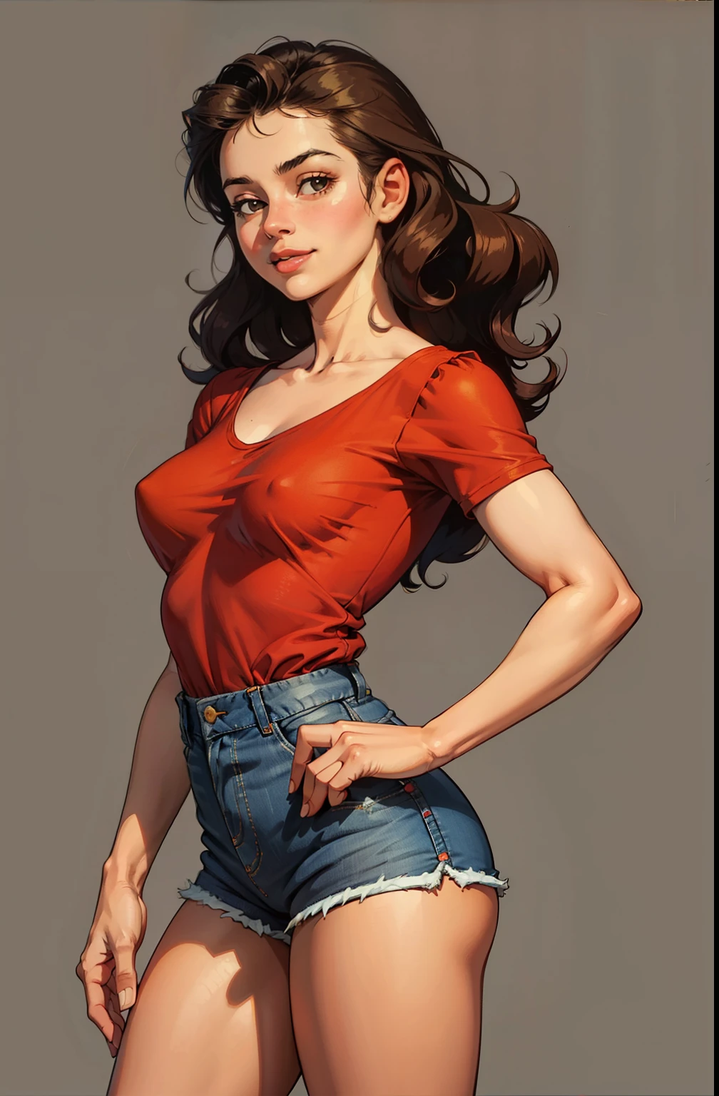 one delicate girl, vintage, stand up, happy, sexy, long hair covers her breasts, maquiagem, covering her breasts, Lips are soft or colored, curly hair, coke red shirt, shorts, jeans,high-waisted shorts, fundo simples, sexy, vintage 90's fashion, stand up, 90's, 90's dress, perfect hands, good anatomy, postura ereta, provocante, smille facial expression, simple lighting and texture, begie background, ,empowered,