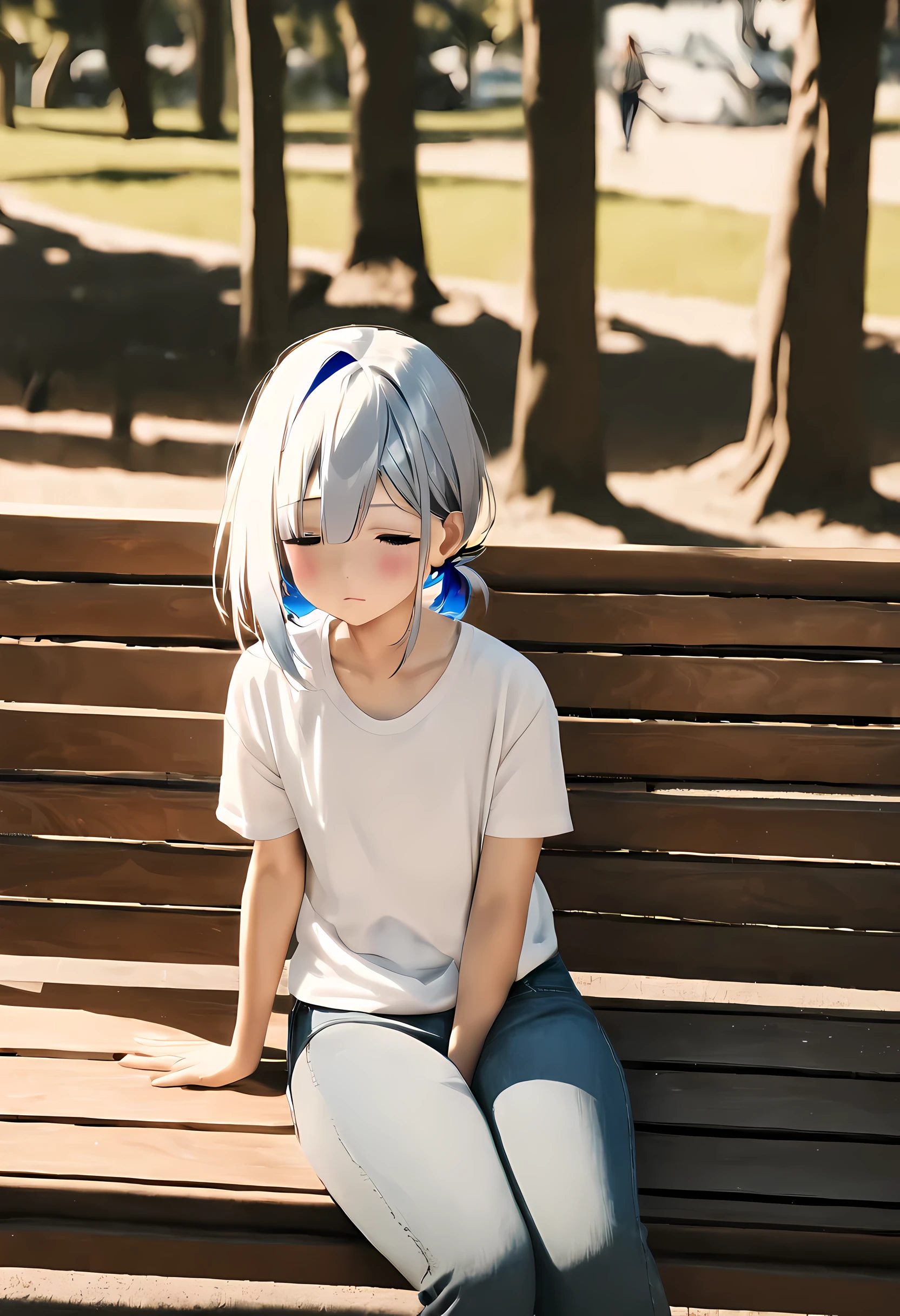Ganado/(Holographic live broadcast/), 1 girl,alone,best quality, masterpiece, 8k,raw photo, photo (Purpose), Very detailed, raw,actual,sitting, looking at the audience,jeans,White T-shirt,, bench,