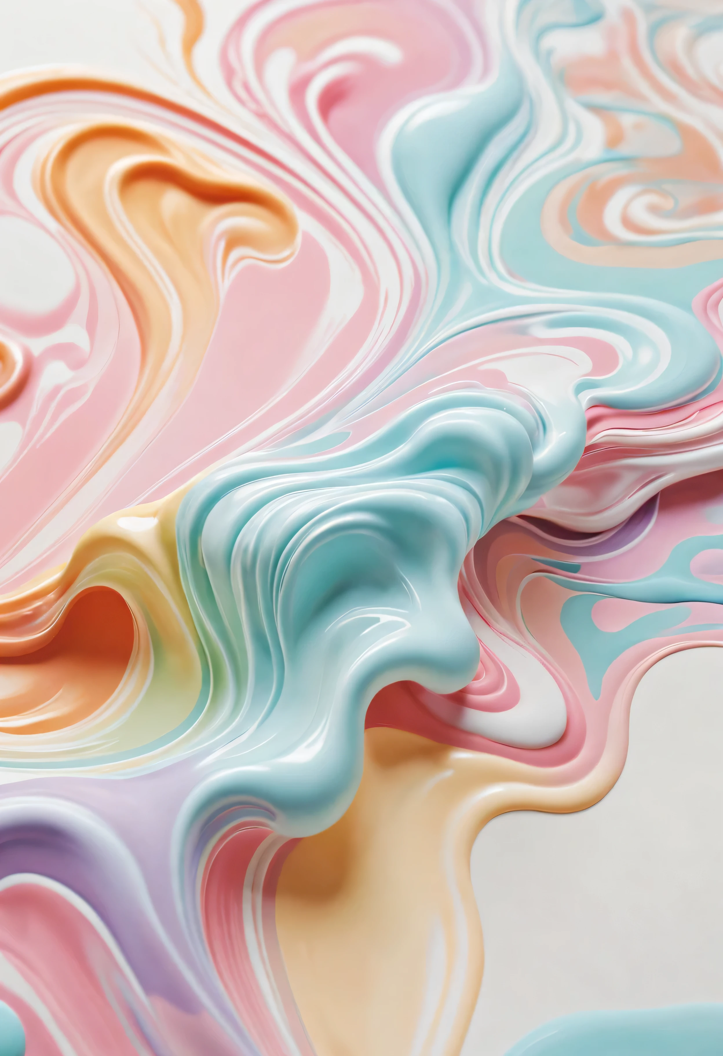 Close-up of liquid poured on surface on white background,splash effect. People inspired by Cheng Yanjun, behavioral trends, generative art, soft overflow, Soft colorful 3D, pearlescent hues, paint swirl aesthetic, earth and pastel colors, Pastel color template, pastel tones, Soft organic abstraction, soft color overlay, marbled swirls.splash effect