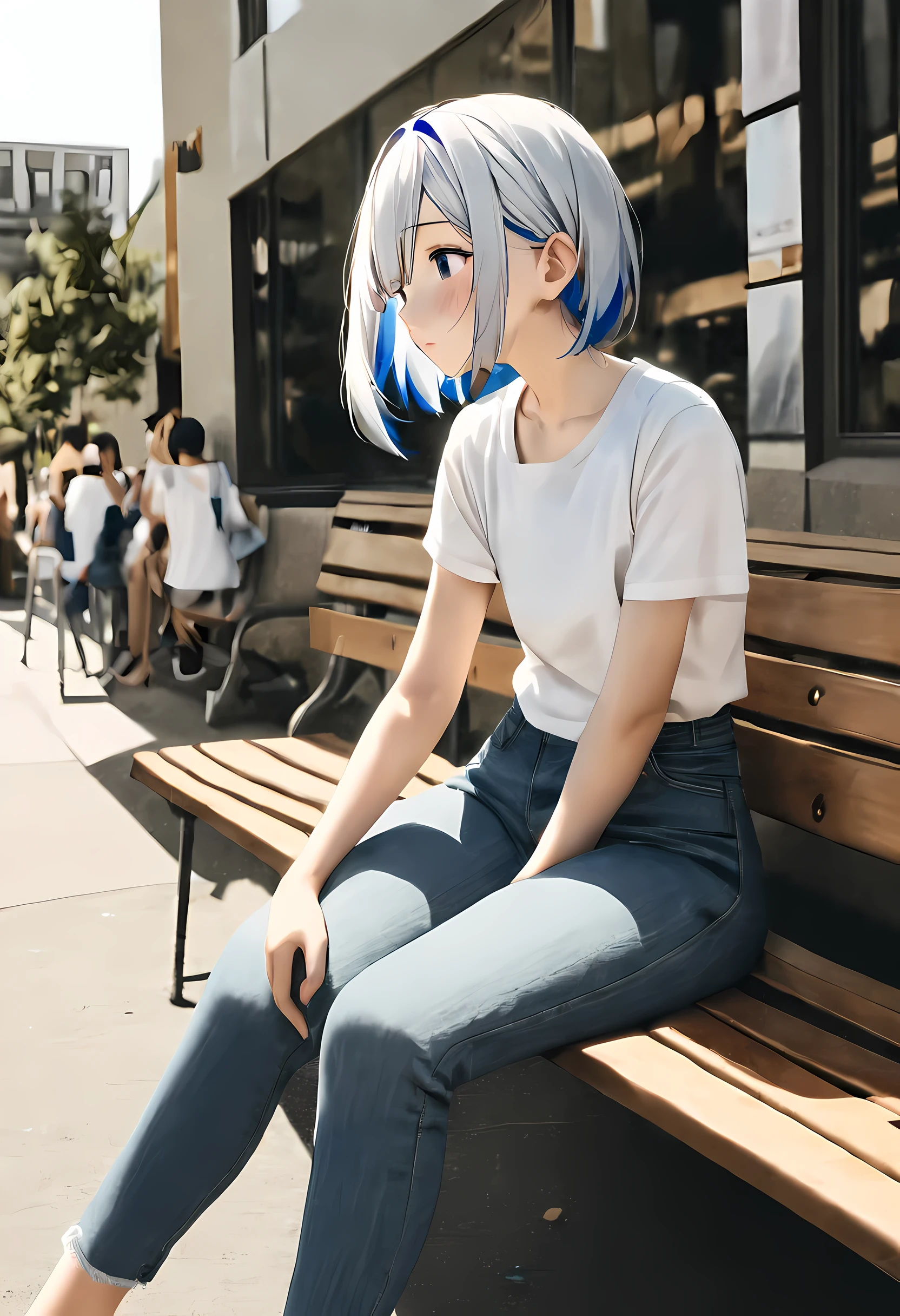 Ganado/(Holographic live broadcast/), 1 girl,alone,best quality, masterpiece, 8k,raw photo, photo (Purpose), Very detailed, raw,actual,sitting, looking at the audience,jeans,White T-shirt,, bench,