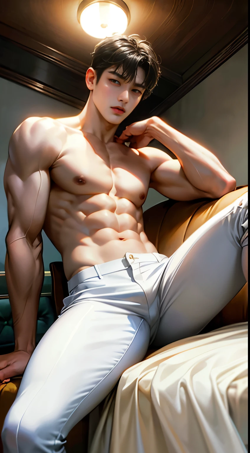 (Lee Hwang, high resolution, Ultra-detailed, high dynamic range), masterpiece, best quality best, Portrait of a boy, tremor with red eyes, detailed face, professional photography, Alafid man topless, recline comfortably，legs are open, (puffy nipples(from below:1.1)), Focus on your audience,18 year old boy, tremor, [ A well-defined body ]，White shirt open，Abs，chest muscles，Short white pants，big protrusion，white shoes，Street lamp，