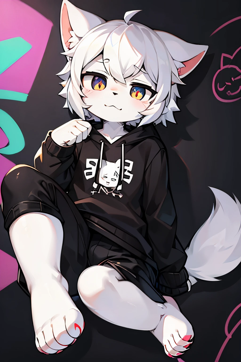 black cat,hairy,furry,Colorful Patterned White Sweatshirt,Black casual pants with white stripes,Q version,cute,Simple art style,Cartoon style,There is little love in the eyes,black pupils,White hair on paws,Black hair on ears, white hair on ear tips,black hair on back,Black tail with white tip,side,dislike,qwq face,sad,Colorful graffiti background