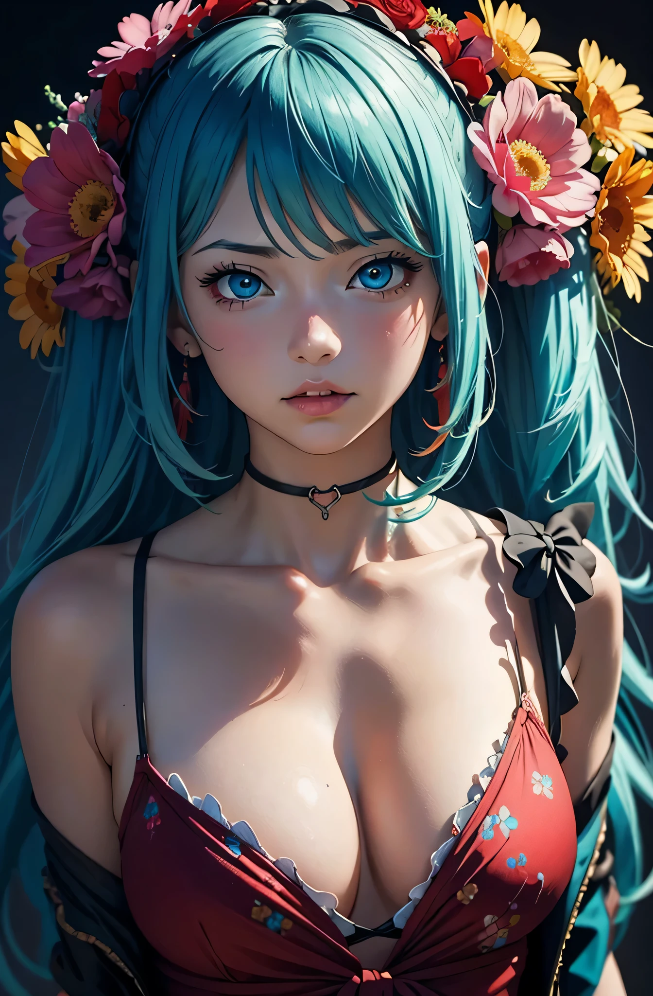 **reminiscence of an ugly girl in summer blooms wallpapers, in the style of vibrant caricatures, realistic hyper-detailed rendering, anime art, dark cyan and red, flickr, pensive portraiture, cartoonish innocence show big with cleavage