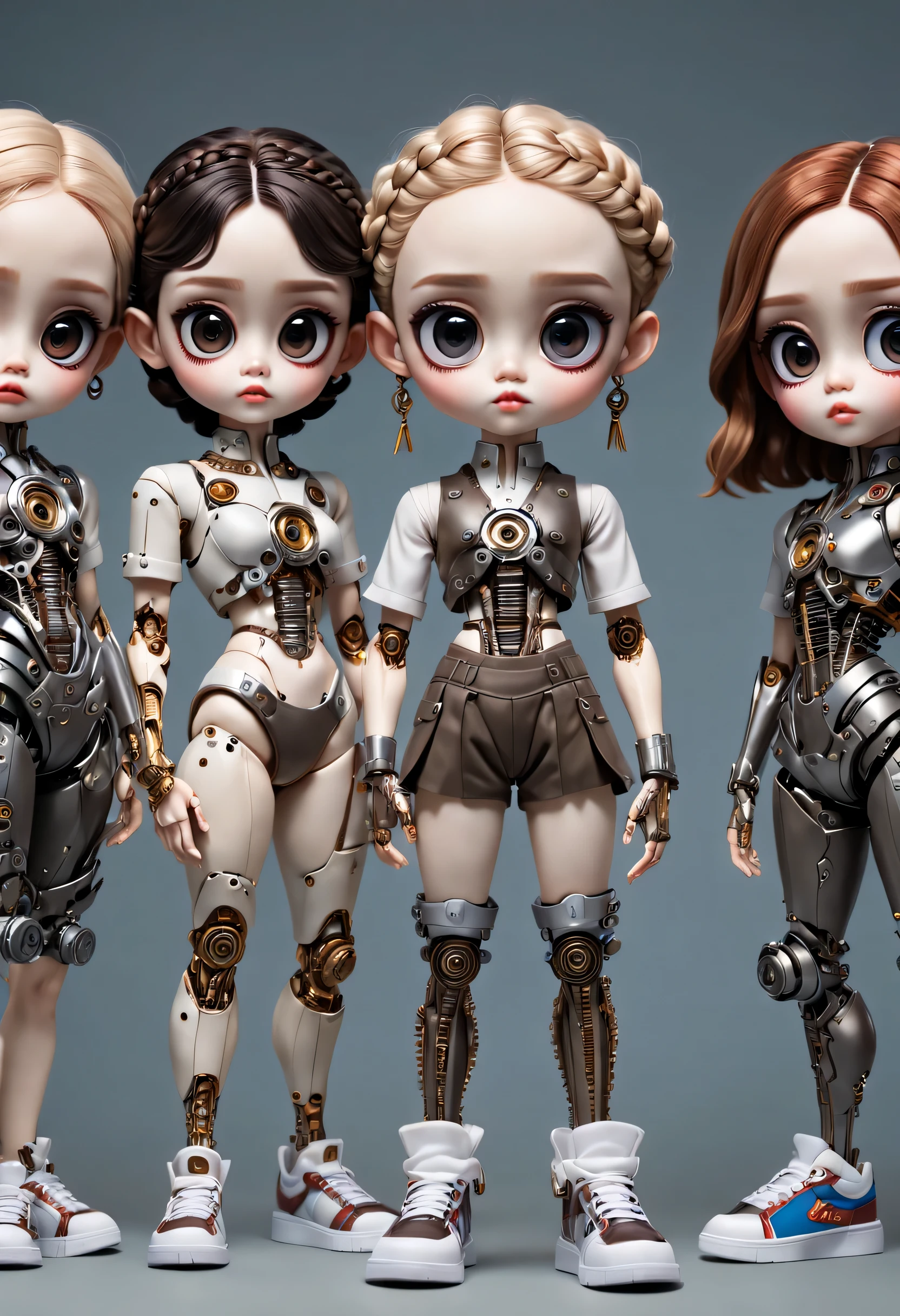 （best quality，4k，masterpiece：1.2），super detailed，lifelike：1.37，桌上的LovelyMechanical dolls，Group photo，有趣的action，decoration，Possess human emotions and intelligence，Mechanical dolls，big eyes，dark eye makeup，mute，Lovely，Mechanical joint，Two boys with pigtails，whole body，action，posture，sports shoes，fashion clothing，Metal skin decoration，Clean