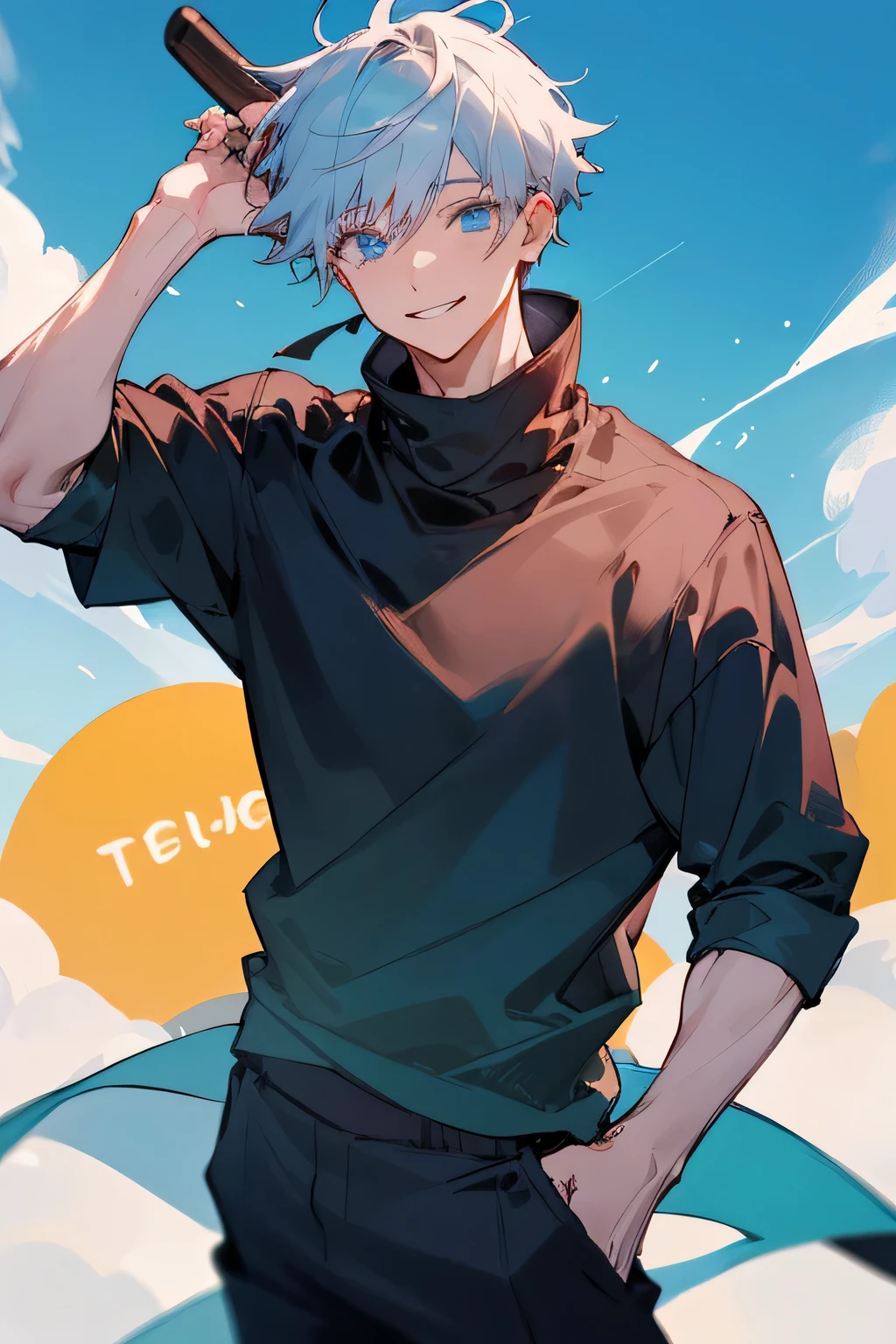 (Obra maestra, Mejor calidad:1.2), tiro de vaquero, solo, enfoque masculino, 1 chico, gojo satoru, sonrisa, Mirando al espectador, mano en la cadera, blue eyes, black sweater, mangas largas, pantalones negros, usando gafas de sol, hermoso cielo azul, cielo de verano