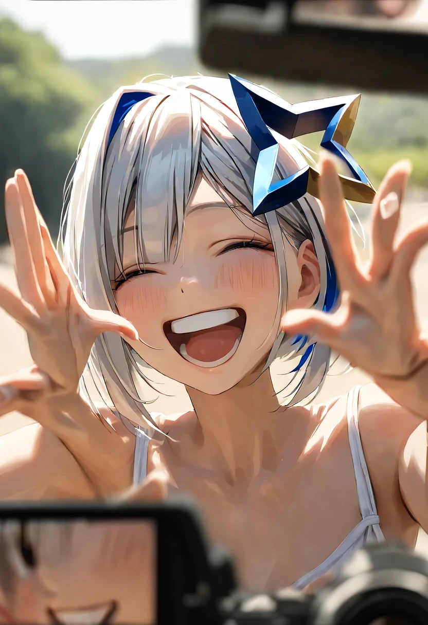 Ganado/(HoHa haive/), Woman posing for photo, Ha ha, happy, delicate skin, daytime, hot summer day, natural Lighting, Detailed face:1.2, sharp focus, Hasselblad Photography, masterpiece, Light makeup, Light, 4k, best quality