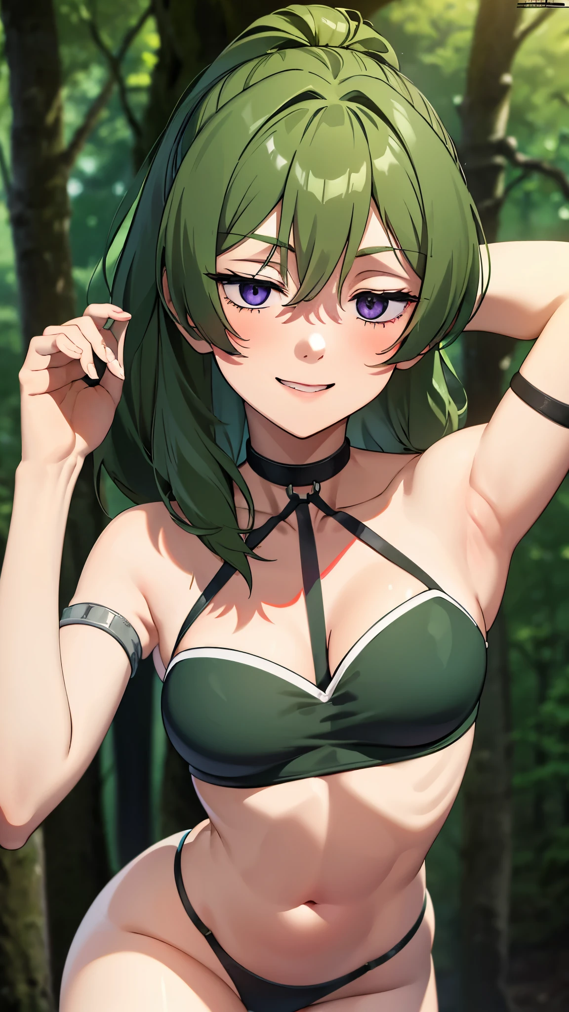 masterpiece, highres, solo, 8k, detailed, perfect face, (ultra high quality), looking viewers, collar bones, armpit, small breast, cleavage, green hair, violet eyes, belly, stomach, navel, mini short, slim body, smile, blush, thigh, background in forest 