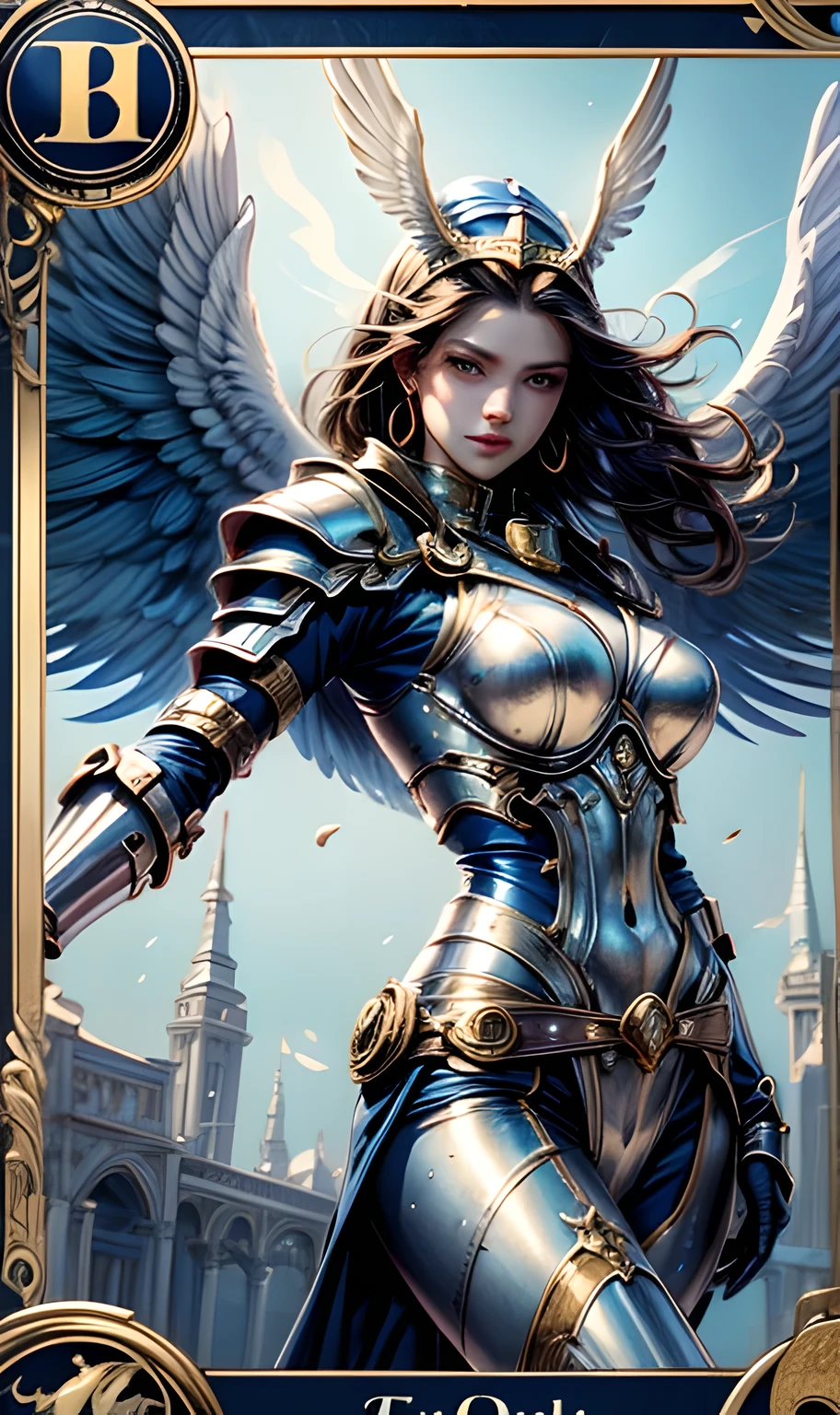 Blue Themed Tarot Card With A Flying Angel, nsfw, silver armour, sphinx in the background, counterspells,