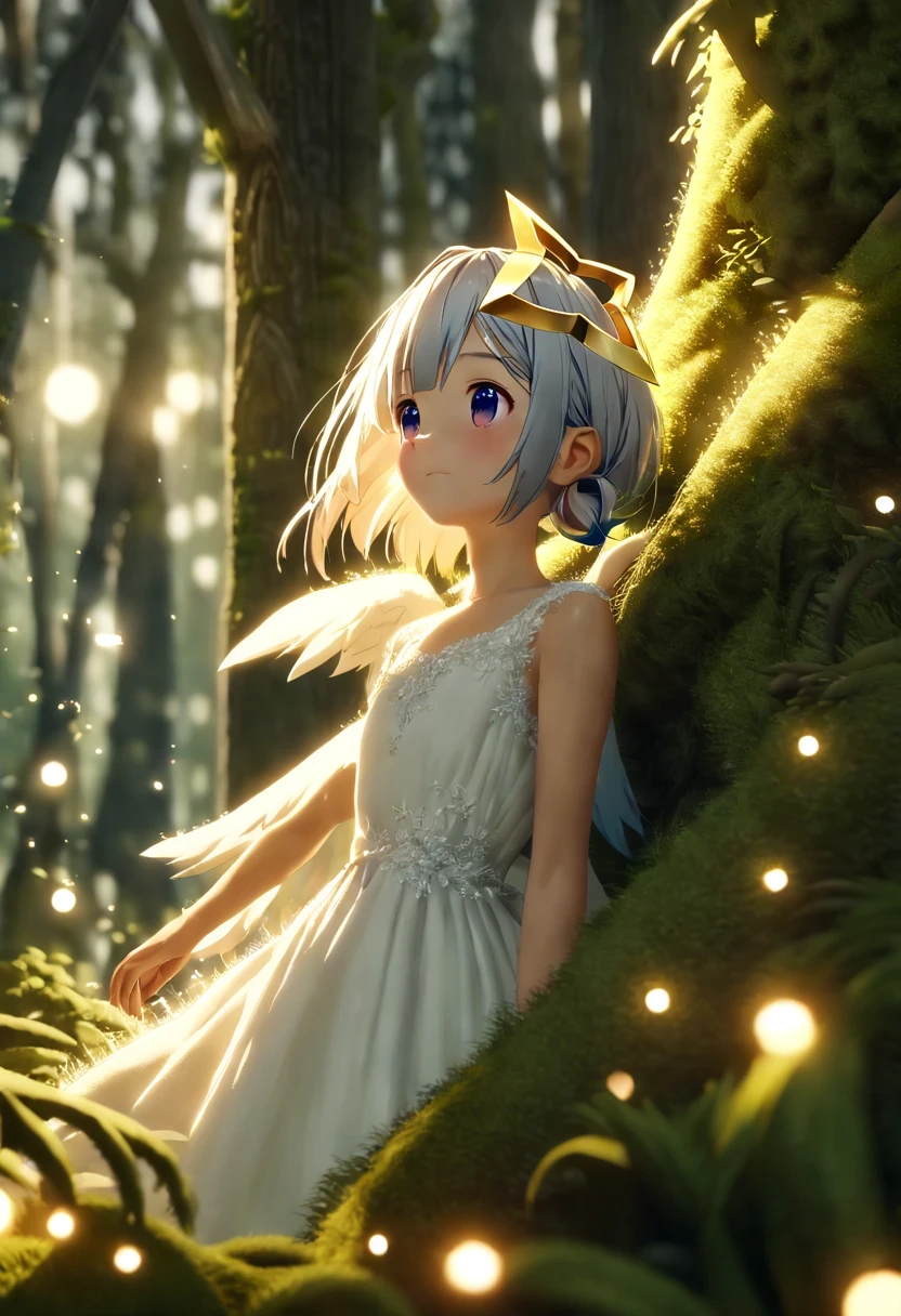 Ganado/(Holographic live broadcast/), Cute woman under drizzle, (elegant, pretty face), Transparent white dress, forest moss, , ((delicate skin, texture)), super detailed, (intricate details, fine details, super detailed的), Ray tracing, subsurface scattering, (fantasy underworld in the background), Diffuse soft light, See deeply, sharp focus bokeh,