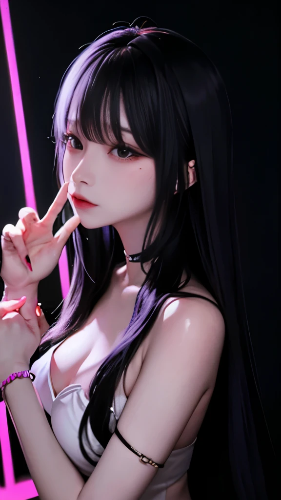 slut、paradise、Hotel、Straight long hair with black hair、glowing neon lights