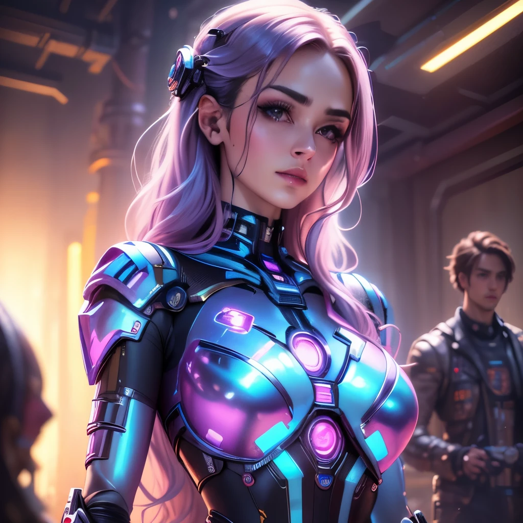 Realistic photo, sci-fi, beautyful mechanical female puppet with human face (cyber girl), human male young man playing with puppet (beautyful mechanical female puppet), very detailed, HDR, raw photo, 8k, dof