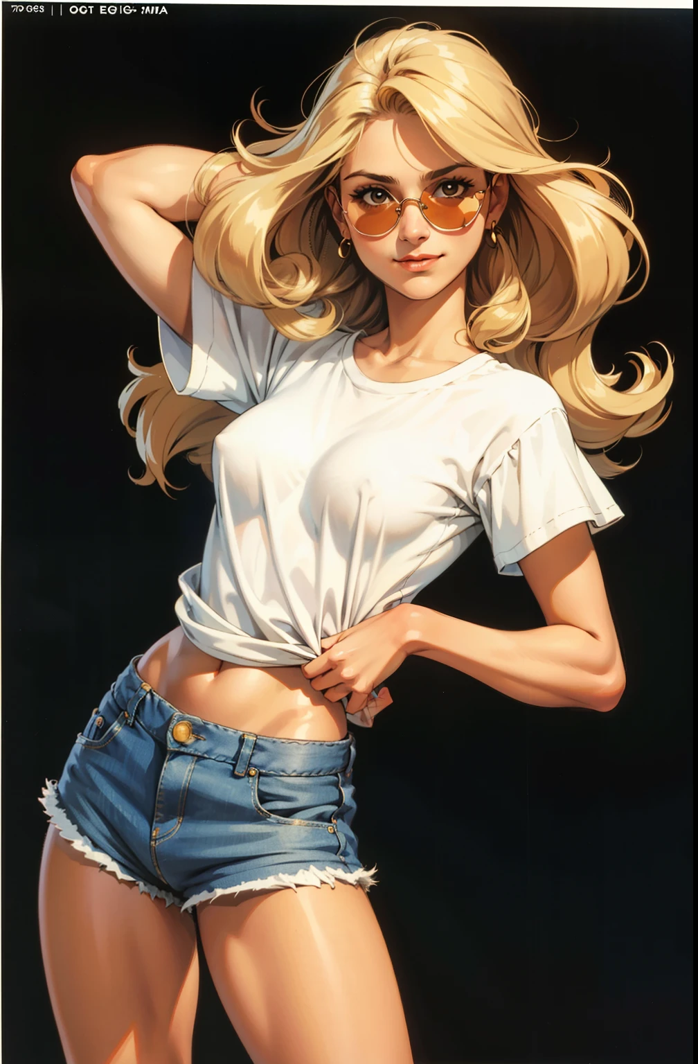 one tiny delicate girl, stand up, happy, sexy, long hair covers her breasts, maquiagem, covering her breasts, Lips are soft or colored, blond curly hair, white loose t-shirt, loose shirt, 70's sunglasses, high socks, shorts, jeans,high-waisted shorts, fundo simples, sexy, vintage 90's fashion, stand up, 70's, 70's dress, perfect hands, good anatomy, postura ereta, provocante, smille facial expression, simple lighting and texture, begie background, ,empowered,