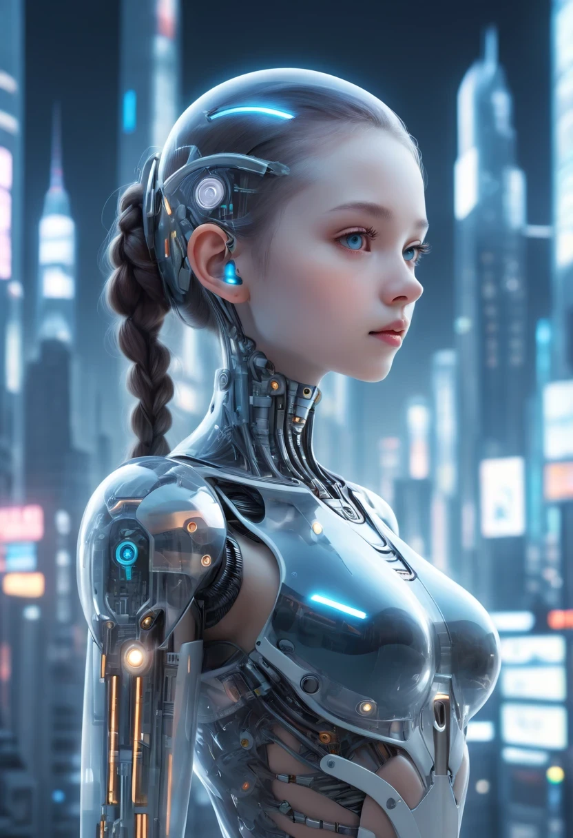 Translucent ethereal mechanical girl，futuristic girl，Mechanical joining technology girl，futuristic city background