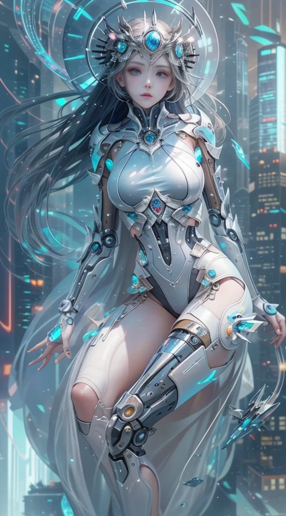 Translucent ethereal mechanical girl，futuristic girl，Mechanical joint，futuristic city background