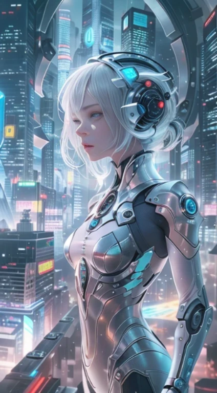 Translucent ethereal mechanical girl，futuristic girl，Mechanical joint，futuristic city background