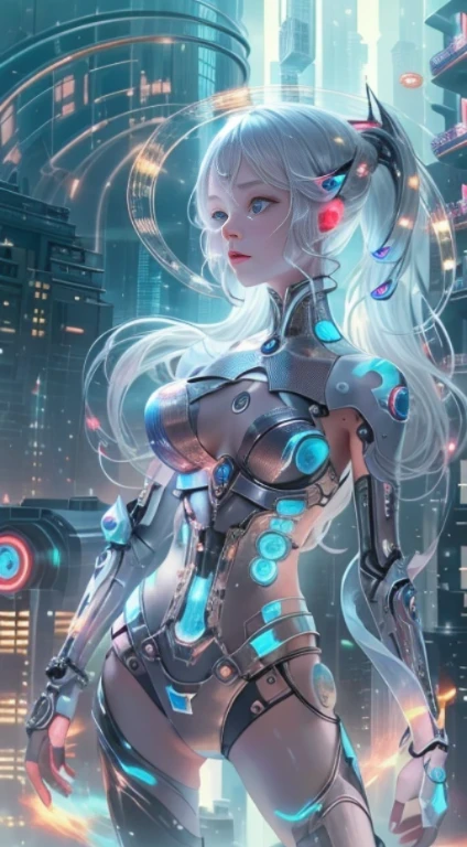 Translucent ethereal mechanical girl，futuristic girl，Mechanical joint，futuristic city background