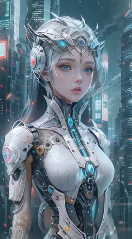 Translucent ethereal mechanical girl,futuristic girl,Mechanical joint,futuristic city background