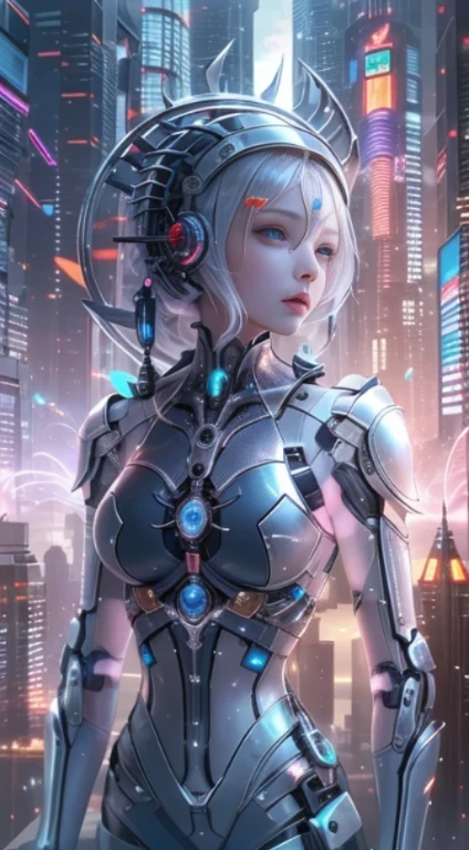 Translucent ethereal mechanical girl,futuristic girl,Mechanical joint,futuristic city background