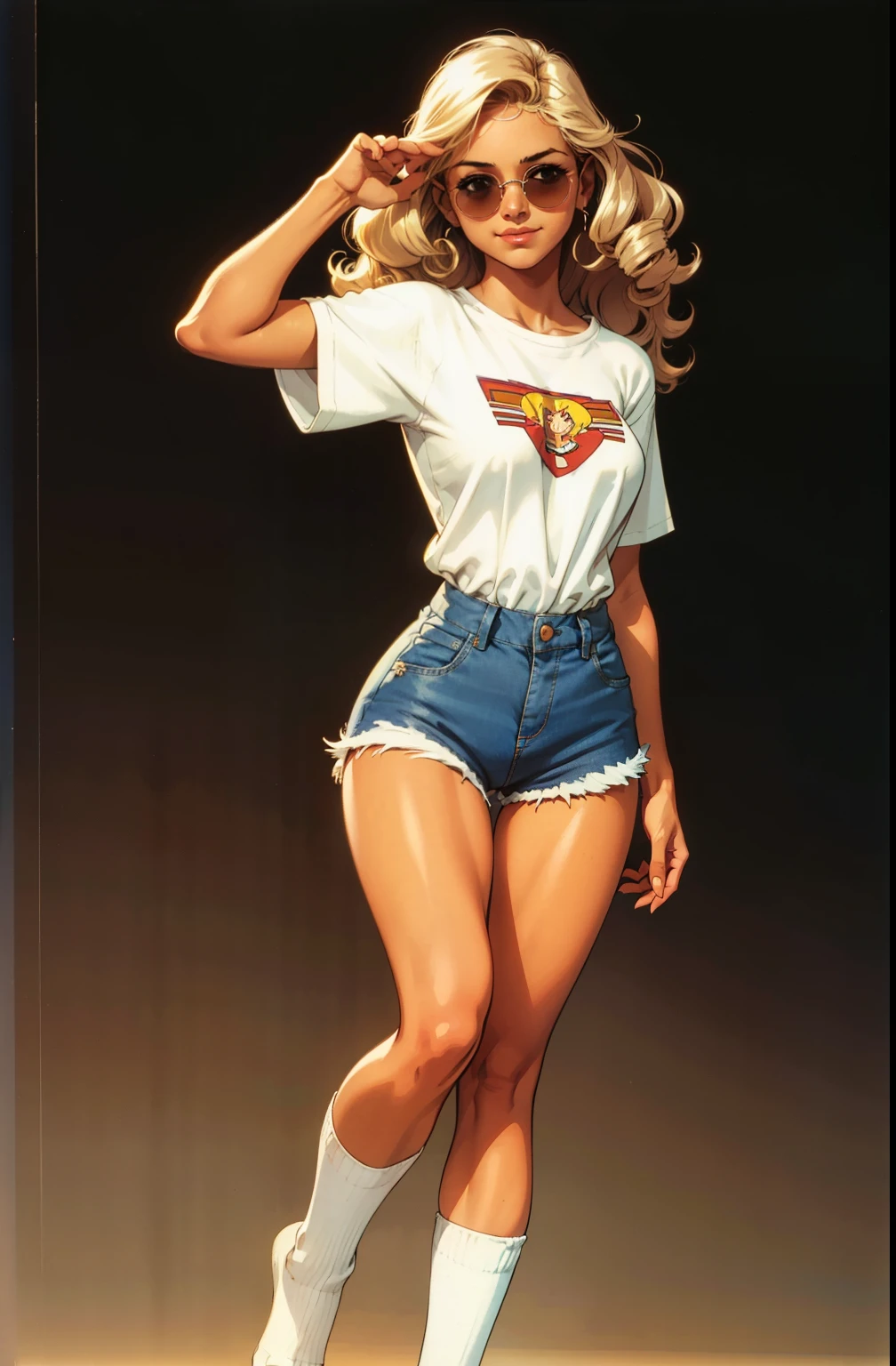 one tiny delicate girl, stand up, happy, sexy, long hair covers her breasts, maquiagem, covering her breasts, Lips are soft or colored, blond curly hair, white loose t-shirt, loose shirt, 70's sunglasses, high socks feet, shorts, jeans,high-waisted shorts,  fundo simples, sexy, vintage 90's fashion, stand up,  70's, 70's dress, perfect hands, good anatomy, postura ereta, provocante, smille facial expression, simple lighting and texture, begie background, ,empowered,