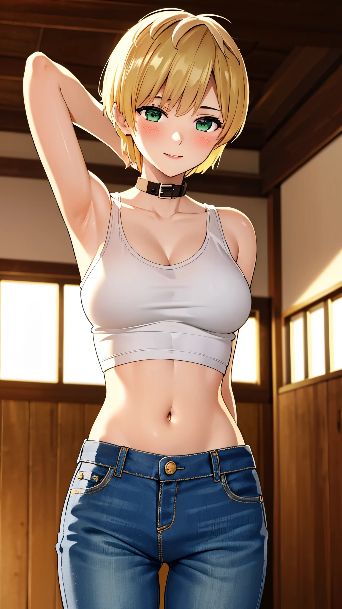 masterpiece, highres, solo, 8k, detailed, perfect face, (ultra high quality), looking viewers, collar bones, armpit, medium breast, sideboobs, cleavage, yellow hair, light hair, short hair, green eyes, belly, stomach, navel, crop tanktop, denim short, mini short, slim body, smile, blush, thigh