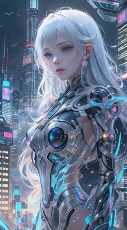 Translucent ethereal mechanical girl，futuristic girl，Mechanical joint，futuristic city background，Model shooting style, (Extremely detailed CG unified 8k wallpaper), The beauty of abstract style,，Surrealism, 8k, Super detailed, best quality, Award-winning, anatomically correct, 16k, Super detailed