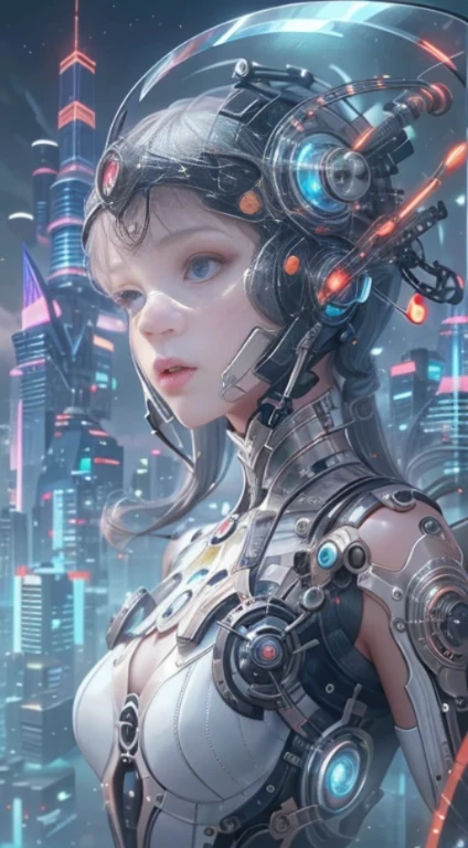 Translucent ethereal mechanical girl，futuristic girl，Mechanical joint，futuristic city background