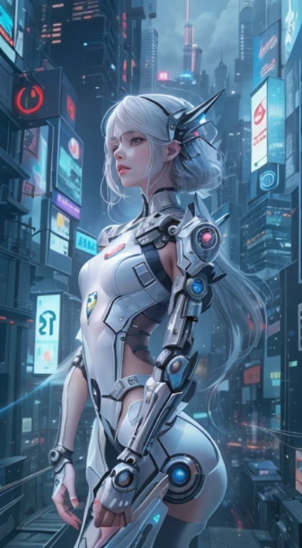 Translucent ethereal mechanical girl，futuristic girl，Mechanical joint，futuristic city background