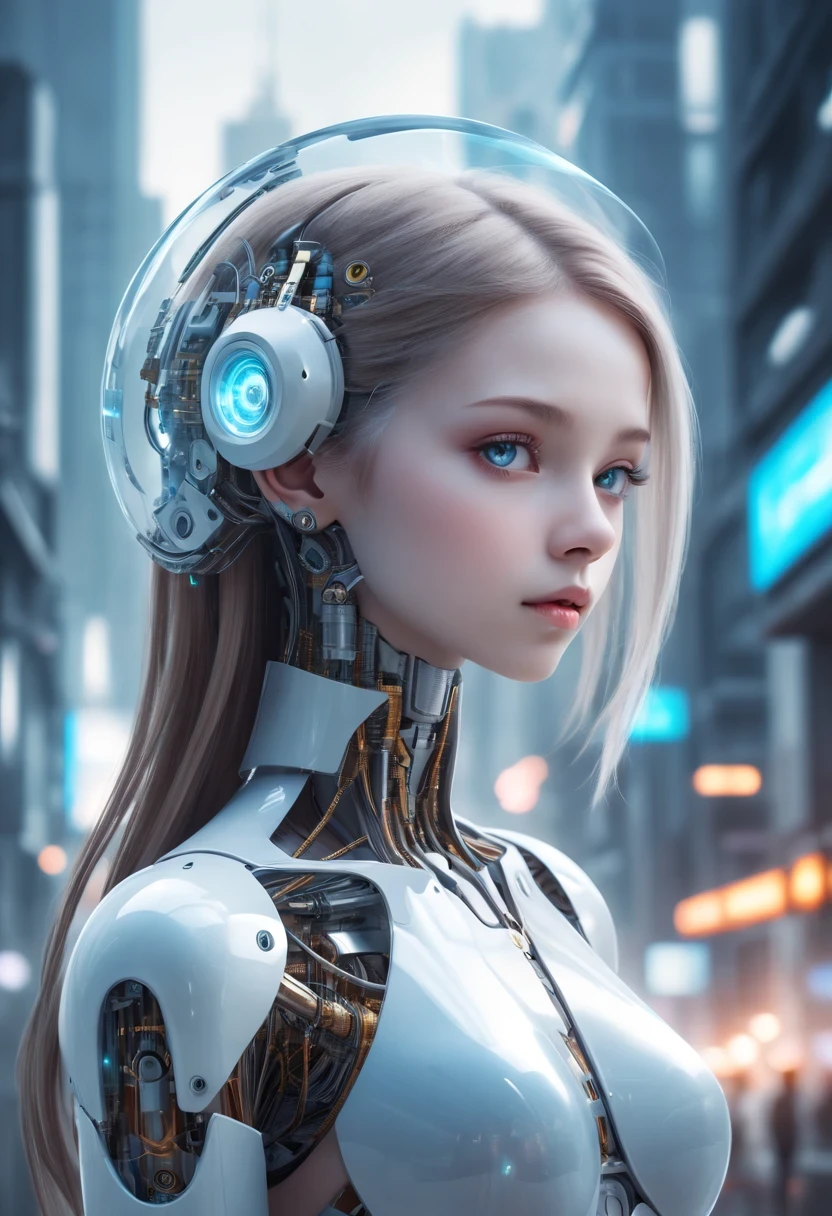 Translucent ethereal mechanical girl，futuristic girl，Mechanical joining technology girl，futuristic city background