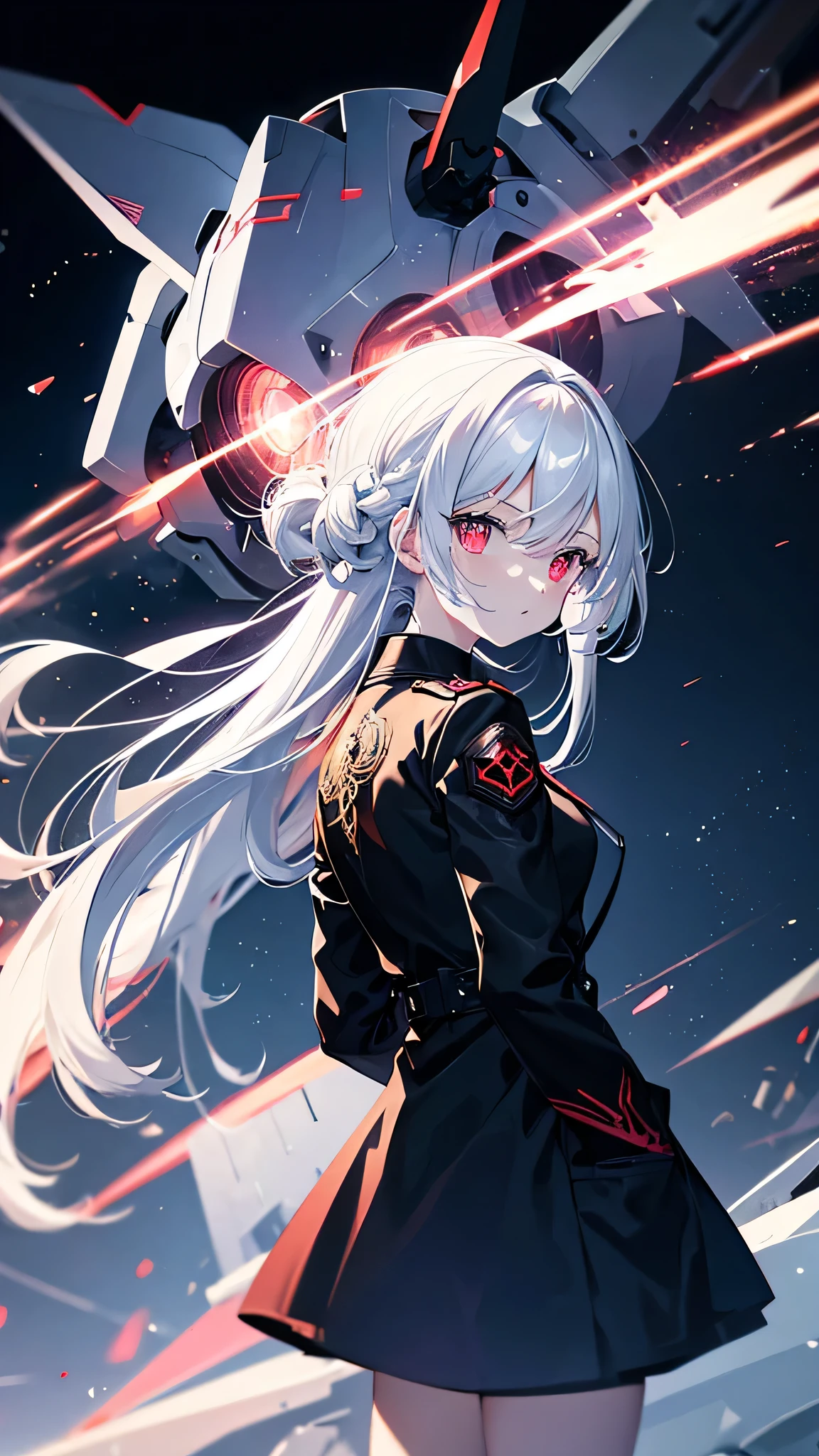 One with gray hair, young wick, rose red eyes, hands in pockets, Technical black trench coat, Star pattern embroidered on the back of the garment, Turn your back to the character,looking at the planet in the sky, long range wide angle, Super clear texture, dark sky, wasteland, only one person, empty background, star shaped pupils, Futurism, Japanese cartoons, movie lighting, glowing light