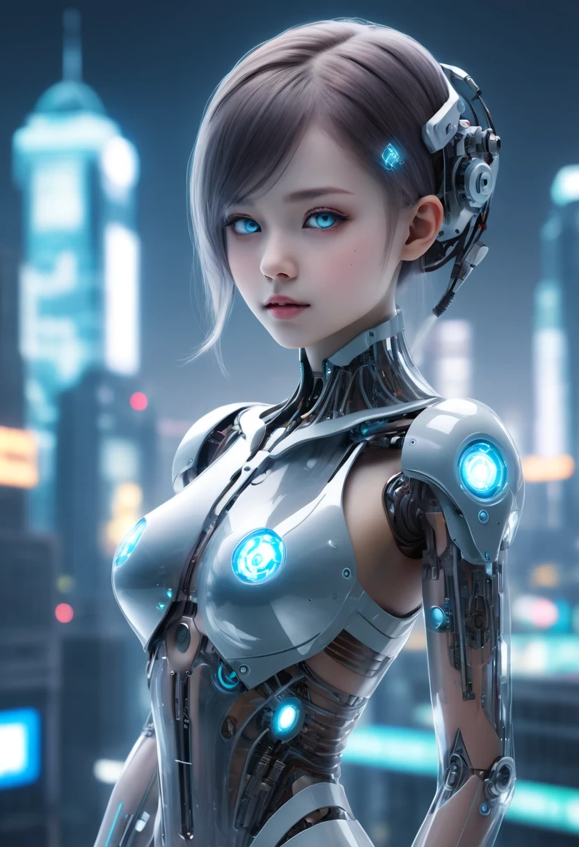 Translucent ethereal mechanical girl,futuristic girl,Mechanical joining technology girl,futuristic city background