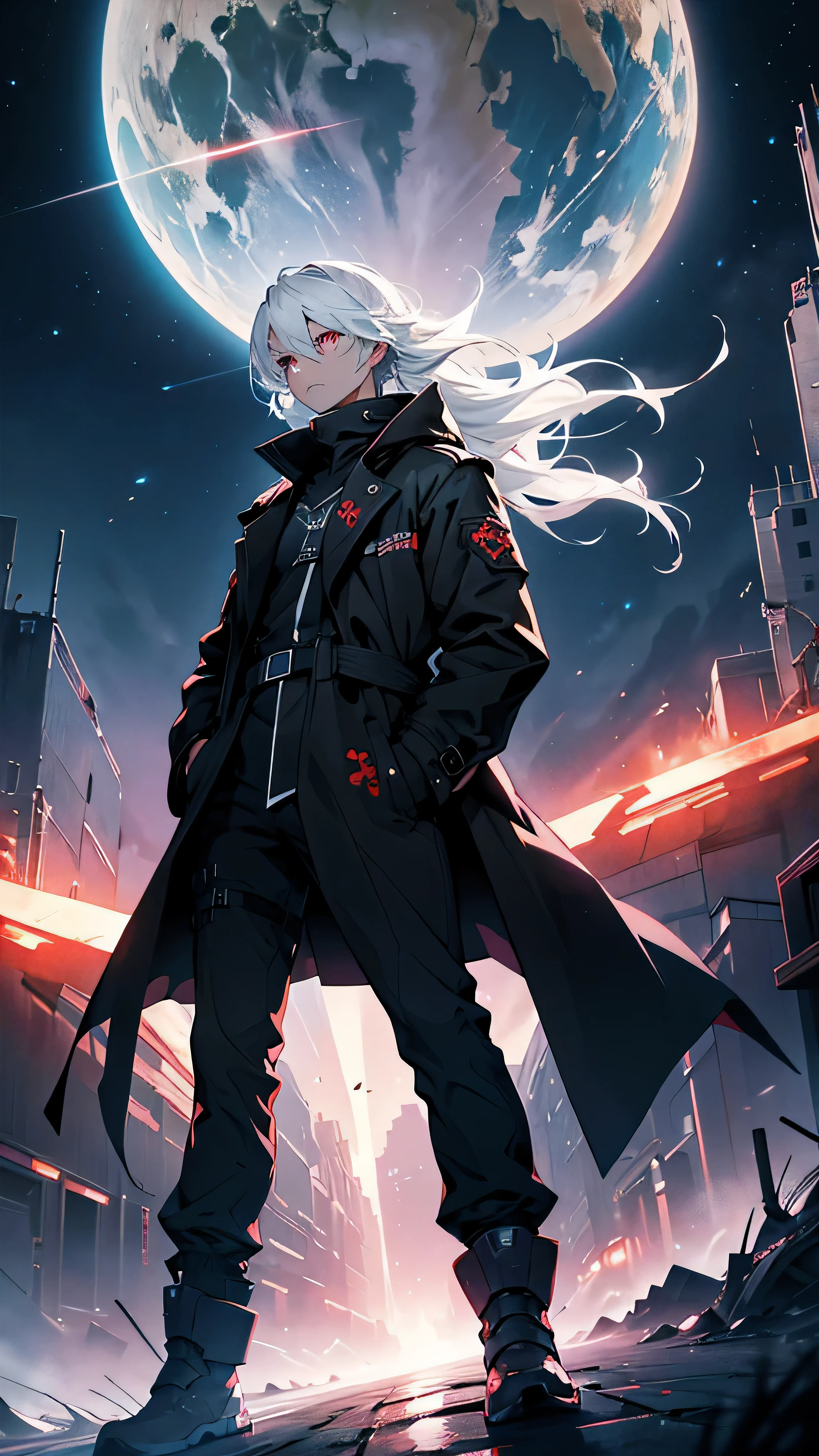 One with gray hair, young wick, rose red eyes, hands in pockets, Technical black trench coat, Star pattern embroidered on the back of the garment, Turn your back on the character,looking at the planet in the sky, long range wide angle, Ultra-clear texture, dark sky, wasteland, only one person, empty background, star shaped pupils, Futurism, japanese manga, movie lighting, glowing light
