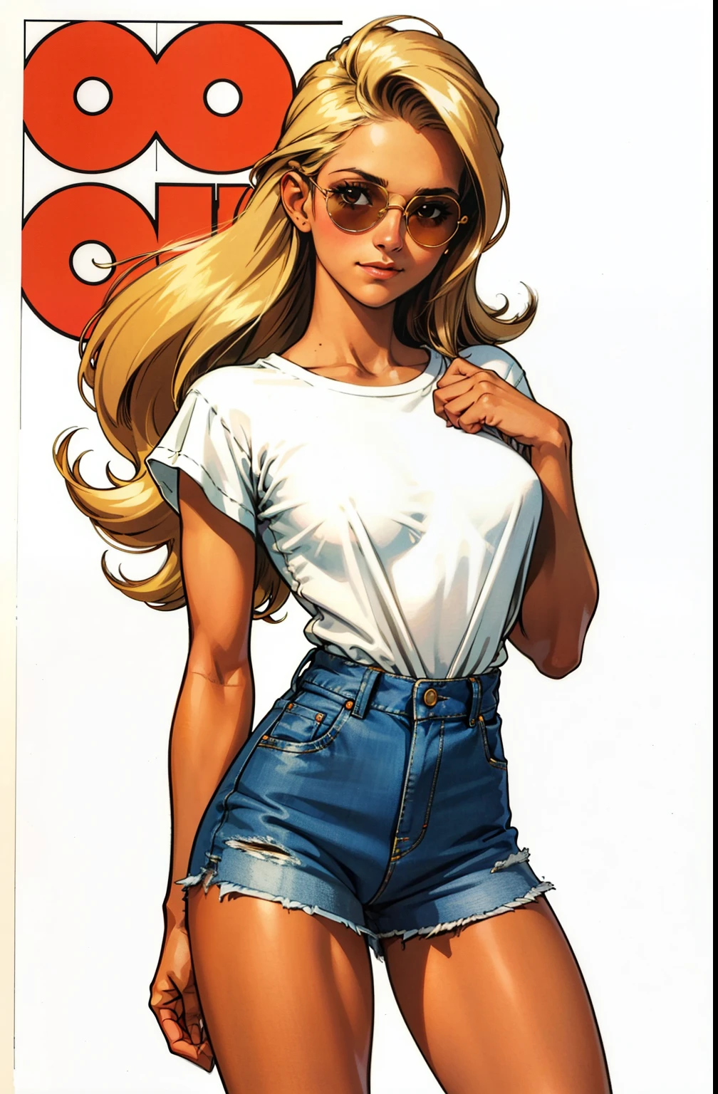 one tiny delicate girl, stand up, happy, sexy, long hair covers her breasts, maquiagem, covering her breasts, Lips are soft or colored, blond hair, white loose t-shirt, loose shirt, 70's sunglasses, high socks feet, shorts, jeans,high-waisted shorts, fundo simples, sexy, vintage 90's fashion, stand up, 70's, 70's dress, perfect hands, good anatomy, postura ereta, provocante, smille facial expression, simple lighting and texture, white background, ,empowered,