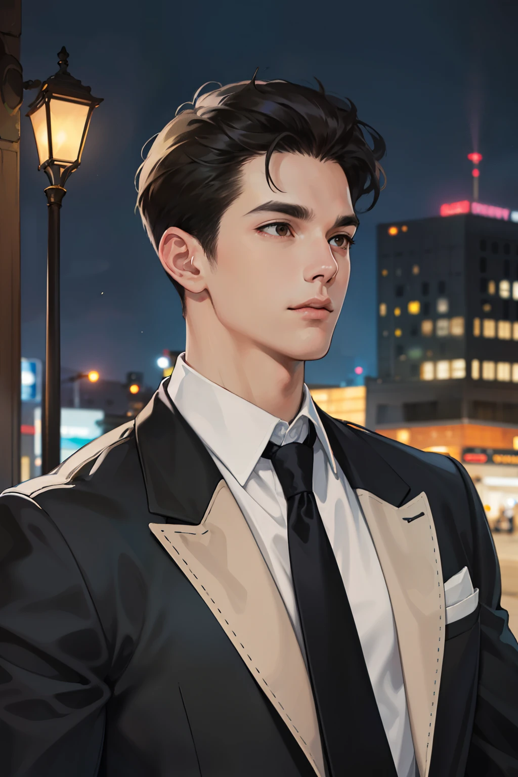 (does not make sense, high resolution, very detailed, realistic,), 1 male, soloist, adult, mature, tall, broad shoulders, amazing, very short hair, black hair, brown eyes, Angular chin, thick neck, thick eyebrows, night, dark, night city background, formal attire, tie, upper body