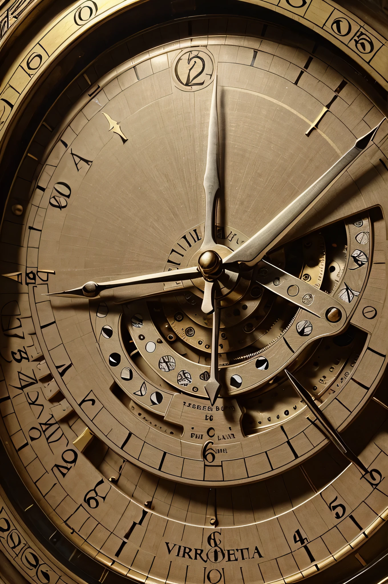 vintage large clock. perfectly round dial. The dial is decorated with a beautiful pattern in the style of Hieronymus Bosch.. teeth. many teeth