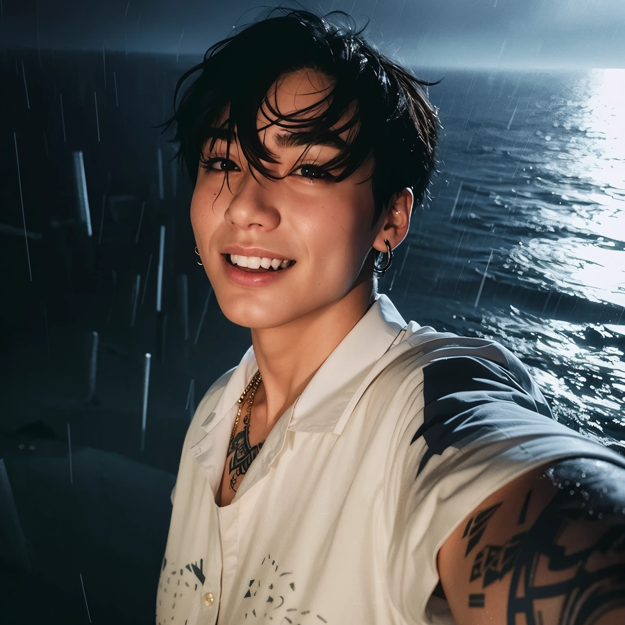 blurred image of a man with a tattoo on his arm taking a selfie, glossy from chuva, Cai Xukun, Jungkook, imagem de perfil, chuva aesthetic, like tears in chuva time to die, ☁🌪🌙👩🏾, hyung tae, chuvaing, chuvaing portrait, chuva!!!!, taejune kim, Kim Doyoung, the sea and storms behind him