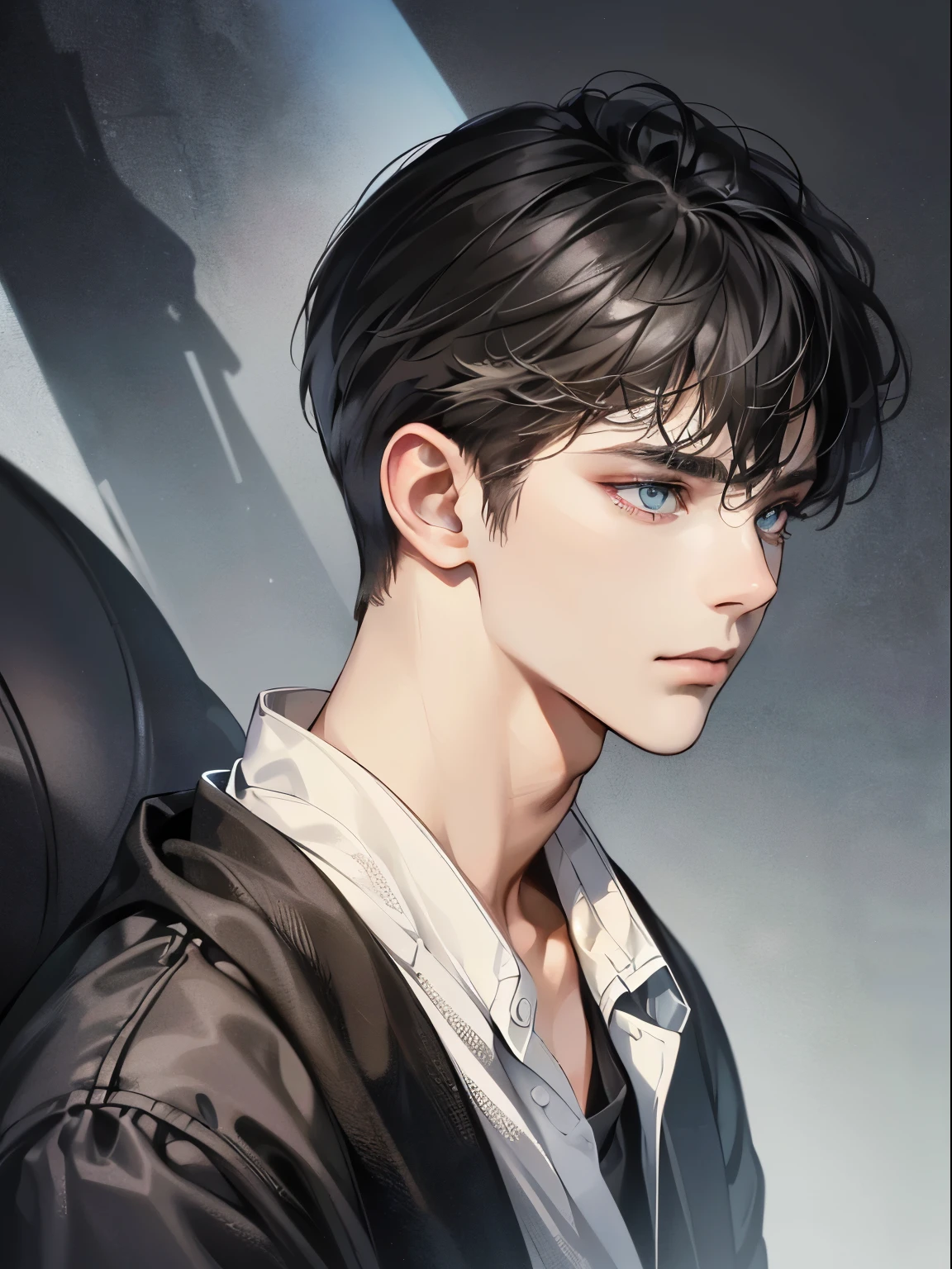 (Highest quality digital art digital illustration 4k high resolution beautiful image highly detailed image perfect lines soft lighting night environment focus face soft zoom) (1:1 realistic) (neutral color hdr 1.4) young adult man (thoughtful expression) black and white modern clothes dark eyes medium dark hair