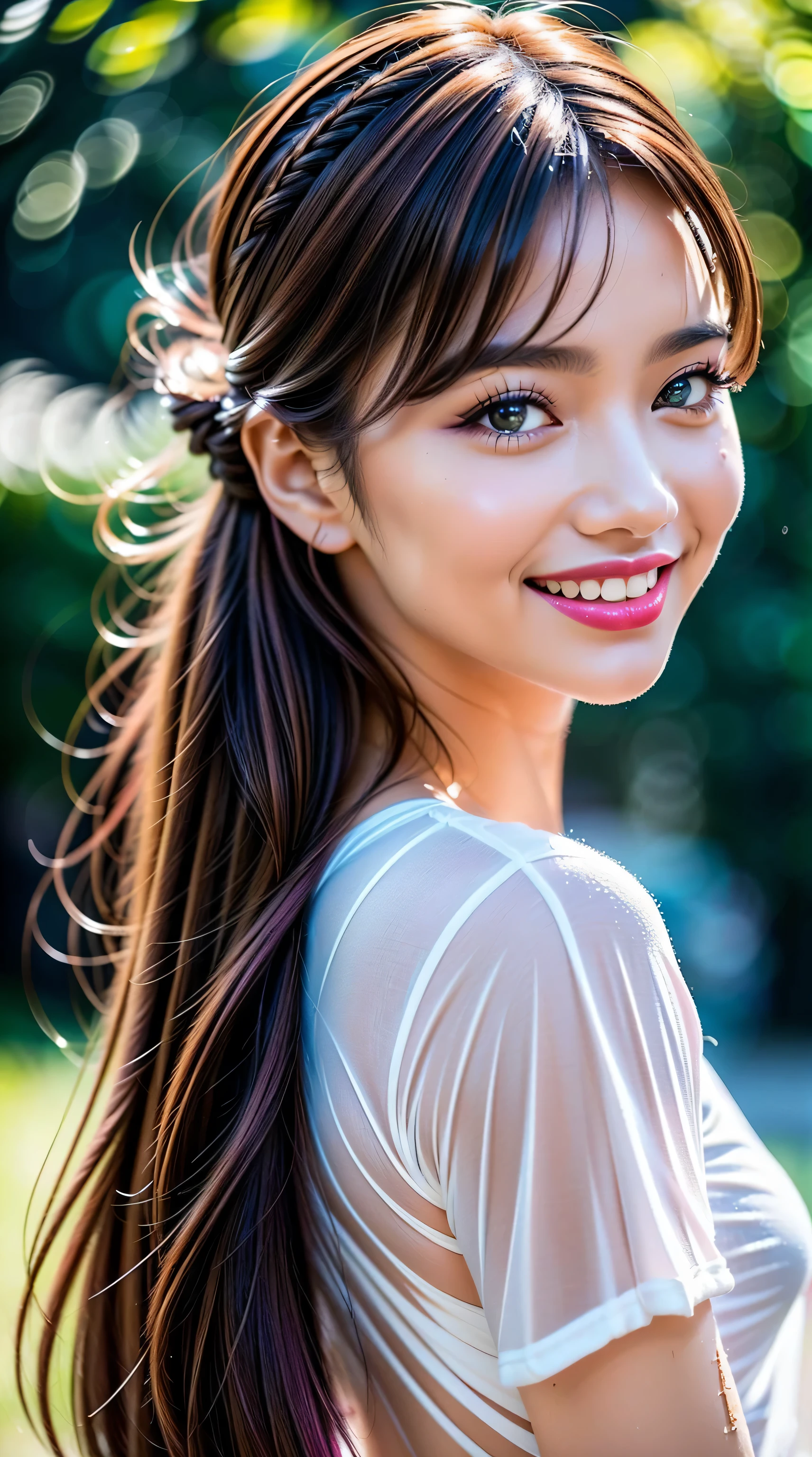 Divide Ratio : 1,1,1 Base Ratio : (a girl in a garden:1.1),(Extremely Detailed of a very beautiful face),(high quality:1.4),(photo realistic:1.5),(Hyper-realistic:1.5),(sharp focus),32k Hyper resolution,(vivid colors),(Dramatic lightning:1.3),beautiful Extremely Detailed lips,(red_lipstick:1.3),BREAK (((hair is a different color than eyes, dynamic random fancy, professional hairstyles:1.34))),(physically-based rendering flowers in the background:1.3),BREAK beautiful Extremely Detailed eyes (brown_eyes:1.3) close up of a woman's eye with a digital rendering,BREAK long blue_eyelashes:1.17 BREAK (pink_makeup:1.25),BREAK ((wet rainy day, it's raining, wet rain, wet from rain, wet body, wet hair :1.45)),((see-through T-shirt soaked in rain,all wet:1.35)),((white T-shirt:1.32)),((firm normal full breasts:1.5)),greenery,relaxed expression,(dainty jewelry),friendly atmosphere,detailed background,harmonious colors,subtle shadows,peaceful ambiance,gentle breeze,lush garden,beautiful flowers,delicate features,vibrant eyes,rosy cheeks,bright and beautiful smile,gleaming white teeth,((open mouthed:1.3)),(dark shot:1.14)