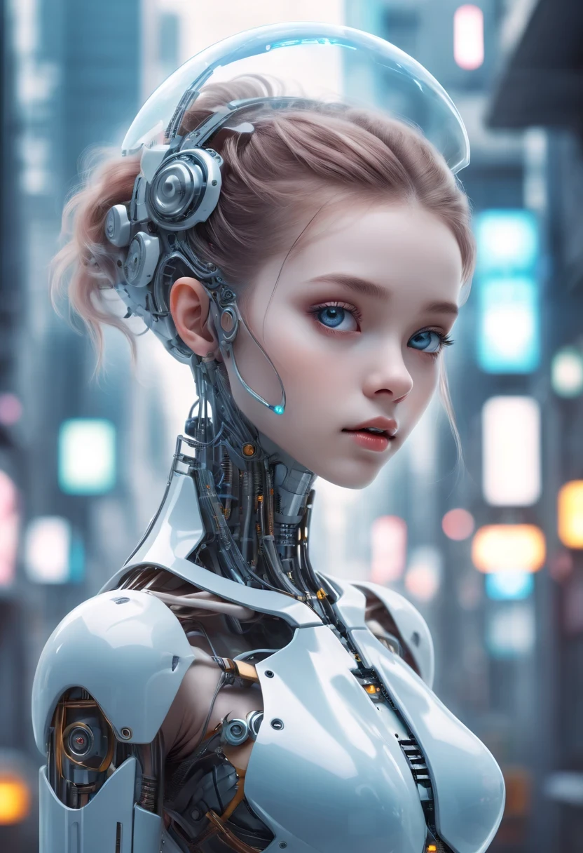 Translucent ethereal mechanical girl,futuristic girl,Mechanical joining technology girl,futuristic city background